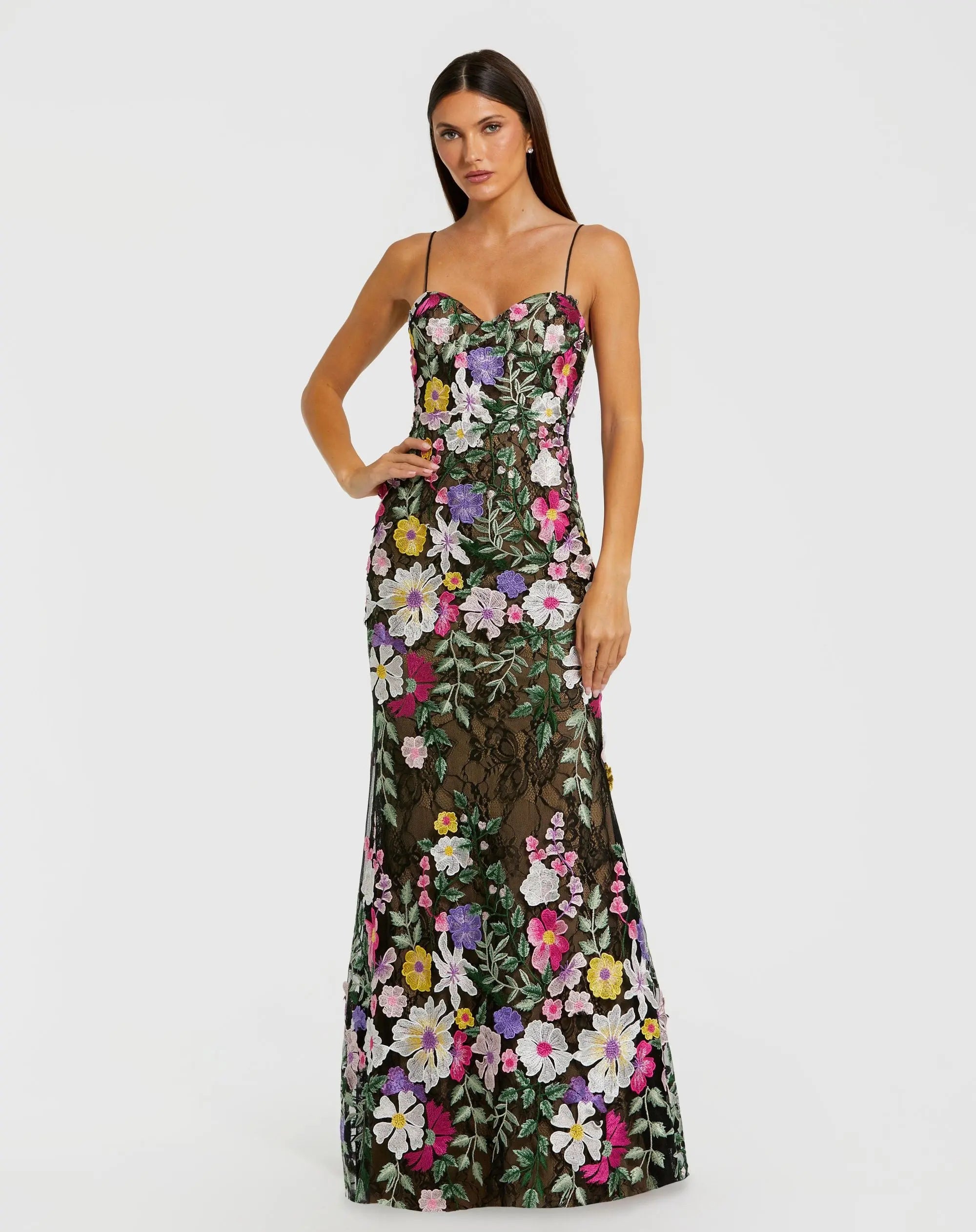 Black Floral Embroidered Sleeveless Bustier Gown-Myartka
