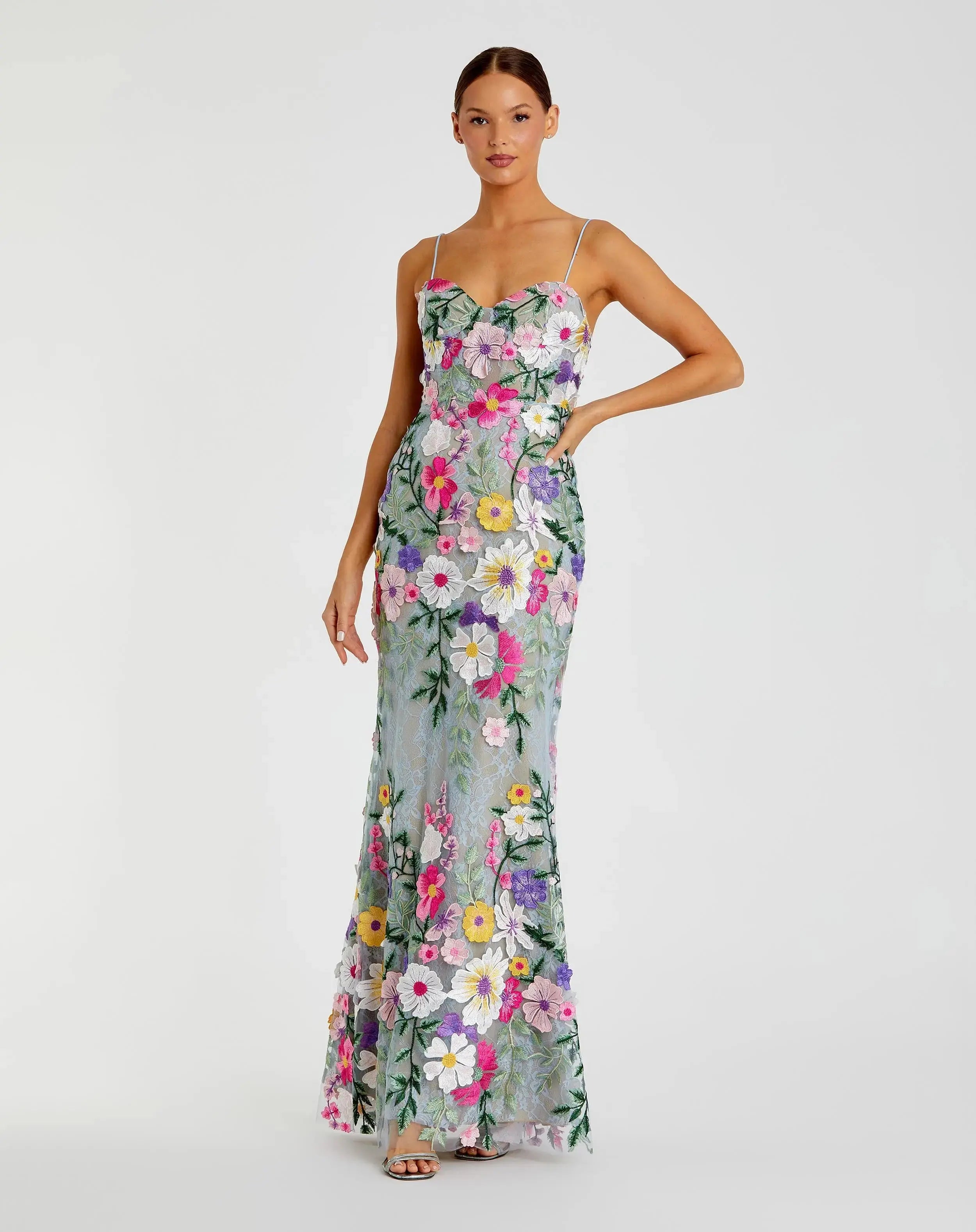 Petite Green Floral Embroidered Sleeveless Bustier Gown-Myartka