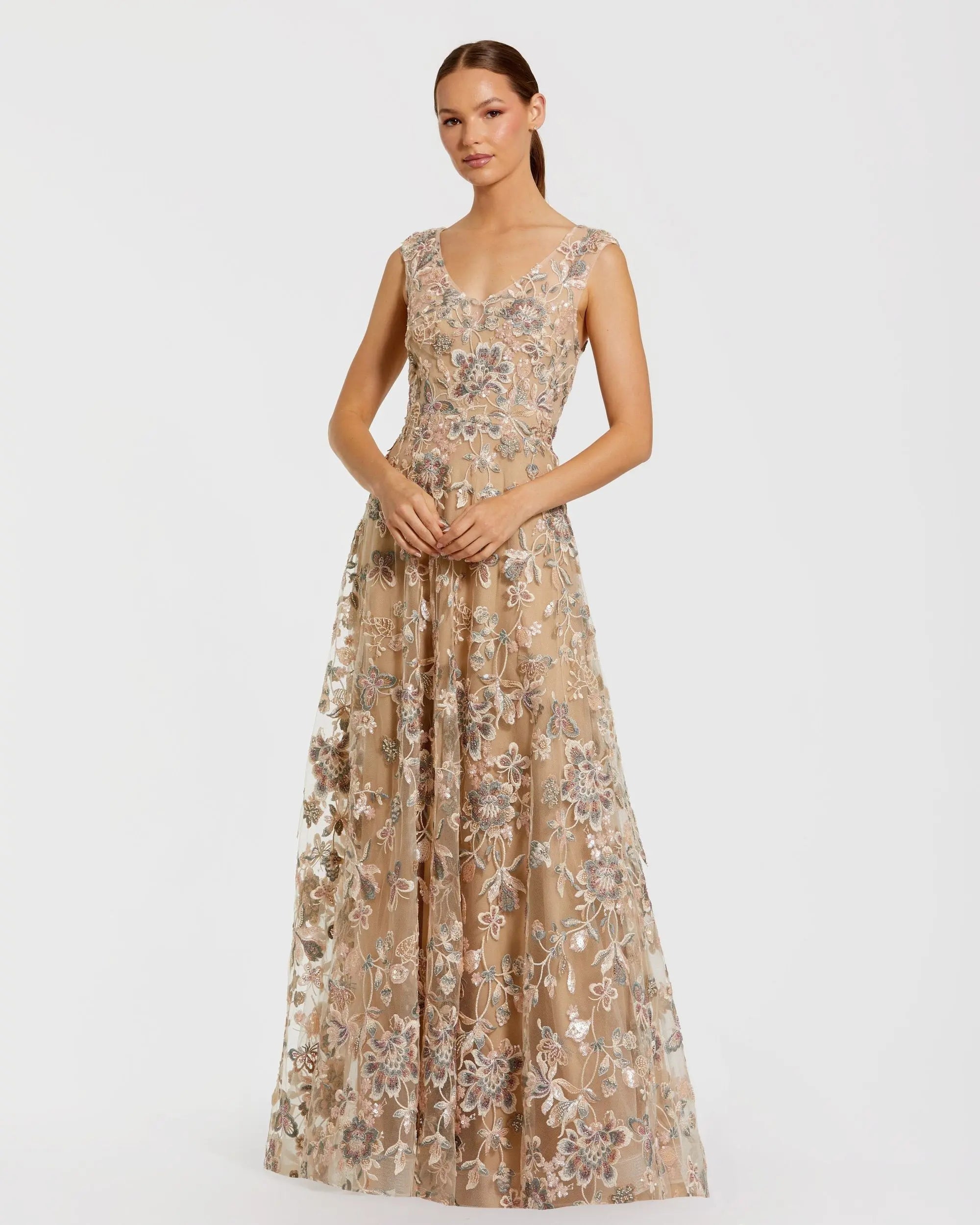 Beige Floral Embroidered Sleeveless V Neck Gown-Myartka