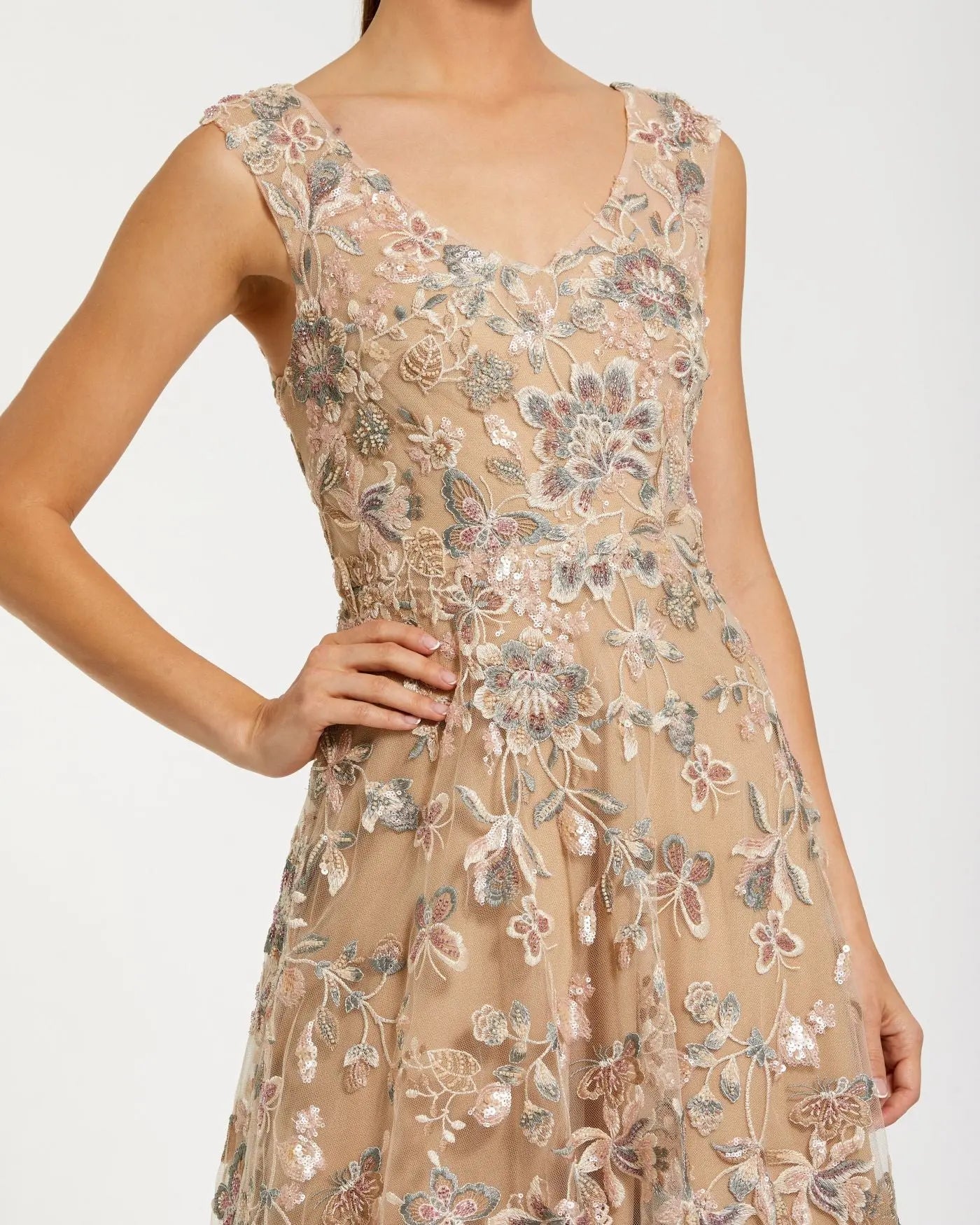Beige Floral Embroidered Sleeveless V Neck Gown-Myartka
