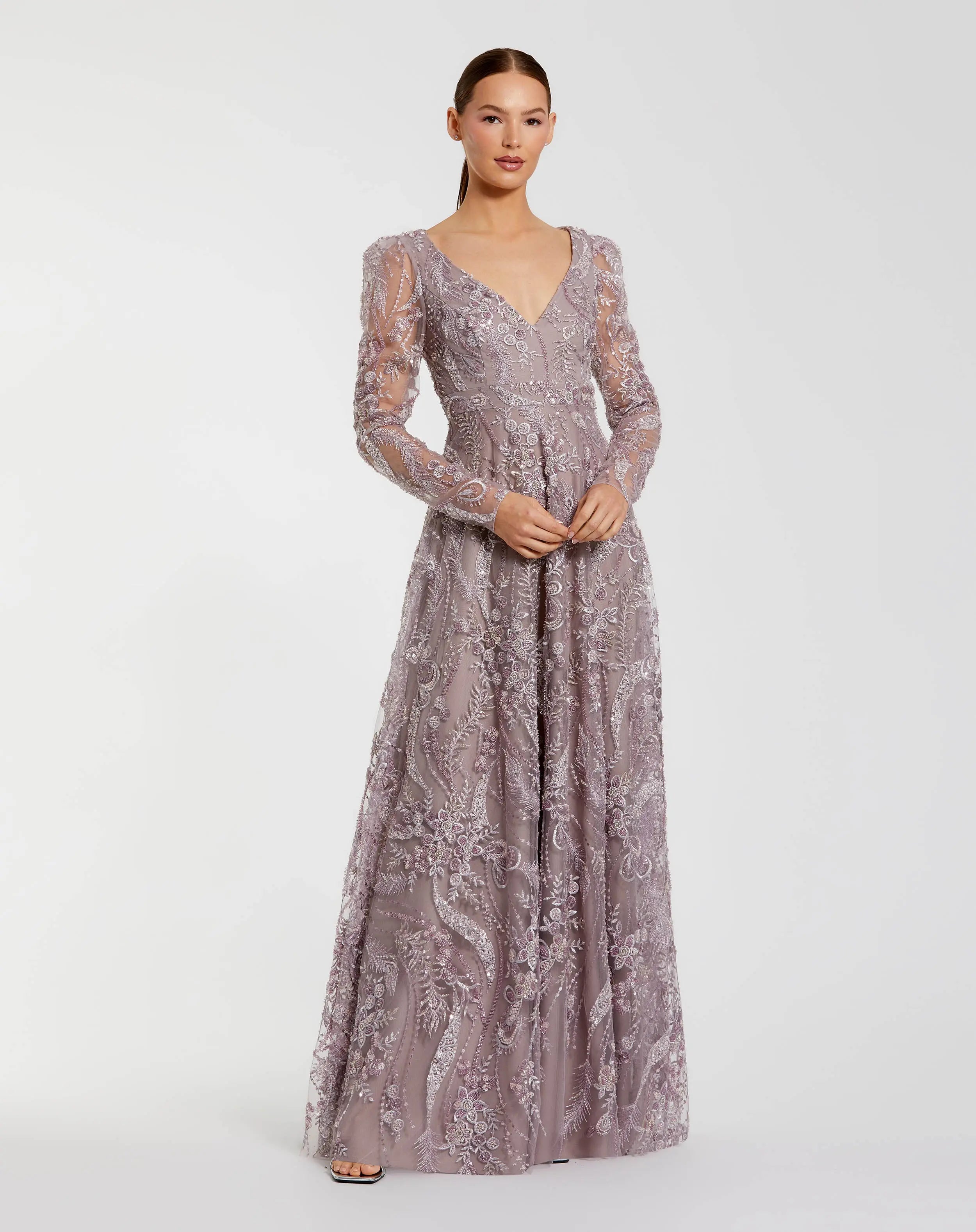 Purple Embroidered Long Sleeve V Neck Gown-Myartka