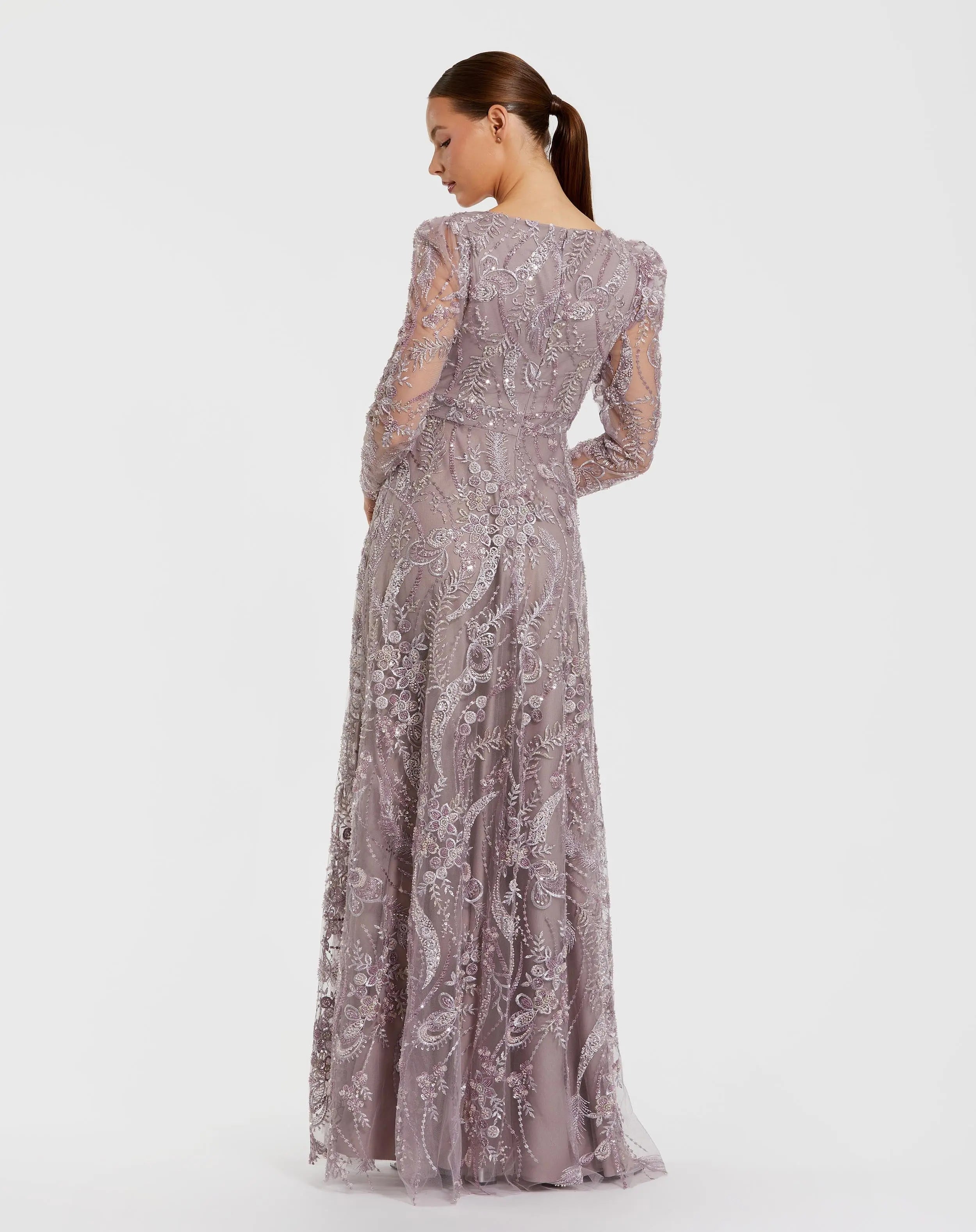 Purple Embroidered Long Sleeve V Neck Gown-Myartka