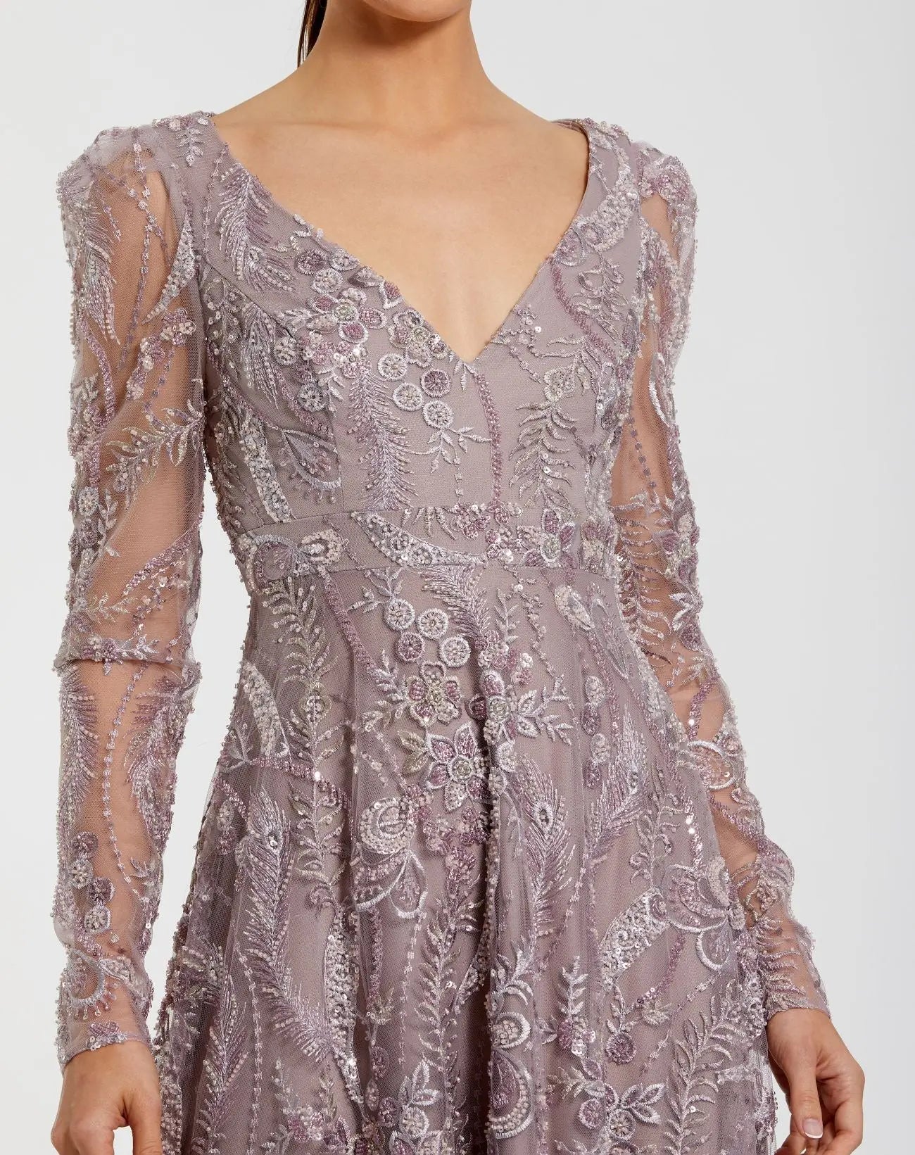 Purple Embroidered Long Sleeve V Neck Gown-Myartka