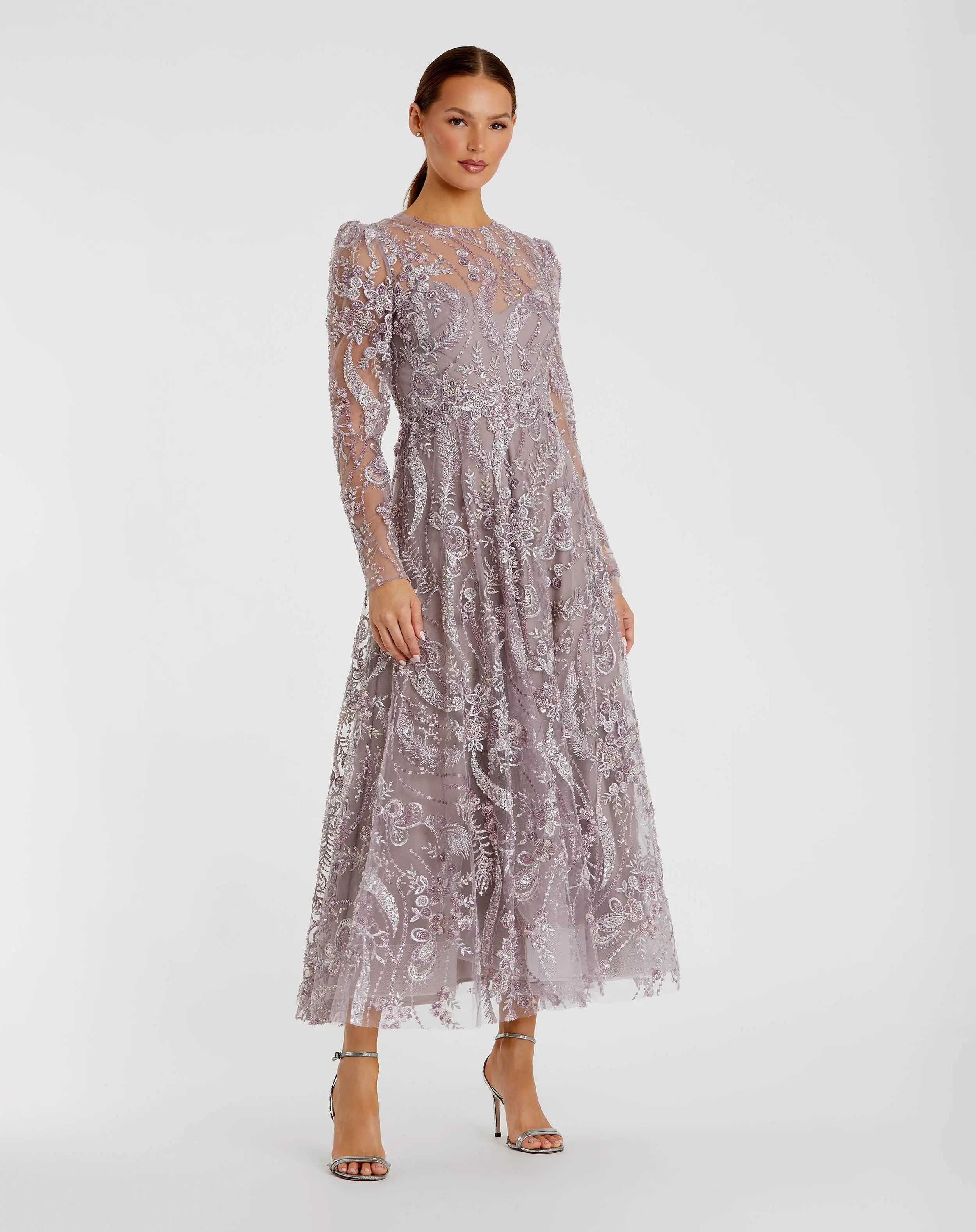 Purple Floral Embroidered High Neck Long Sleeve Dress-Myartka