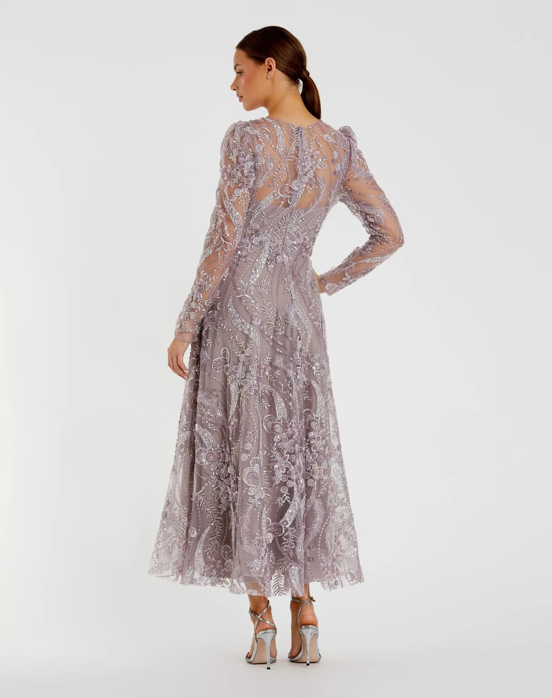 Purple Floral Embroidered High Neck Long Sleeve Dress-Myartka