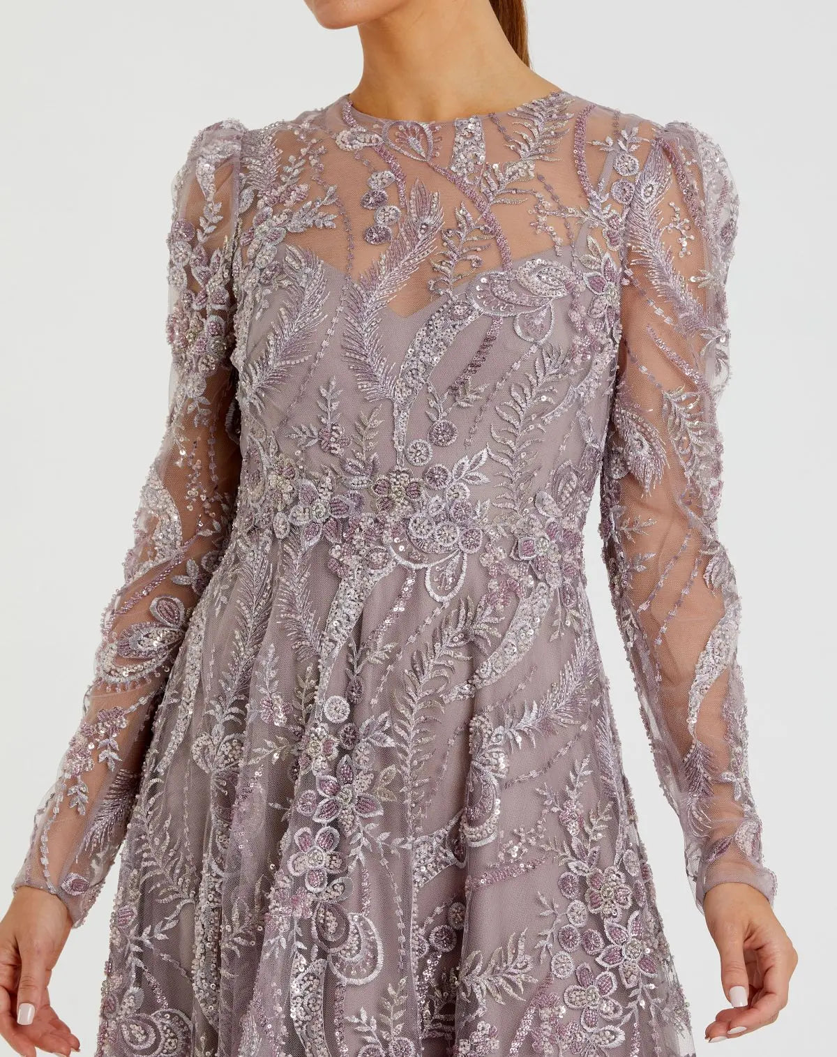 Purple Floral Embroidered High Neck Long Sleeve Dress-Myartka