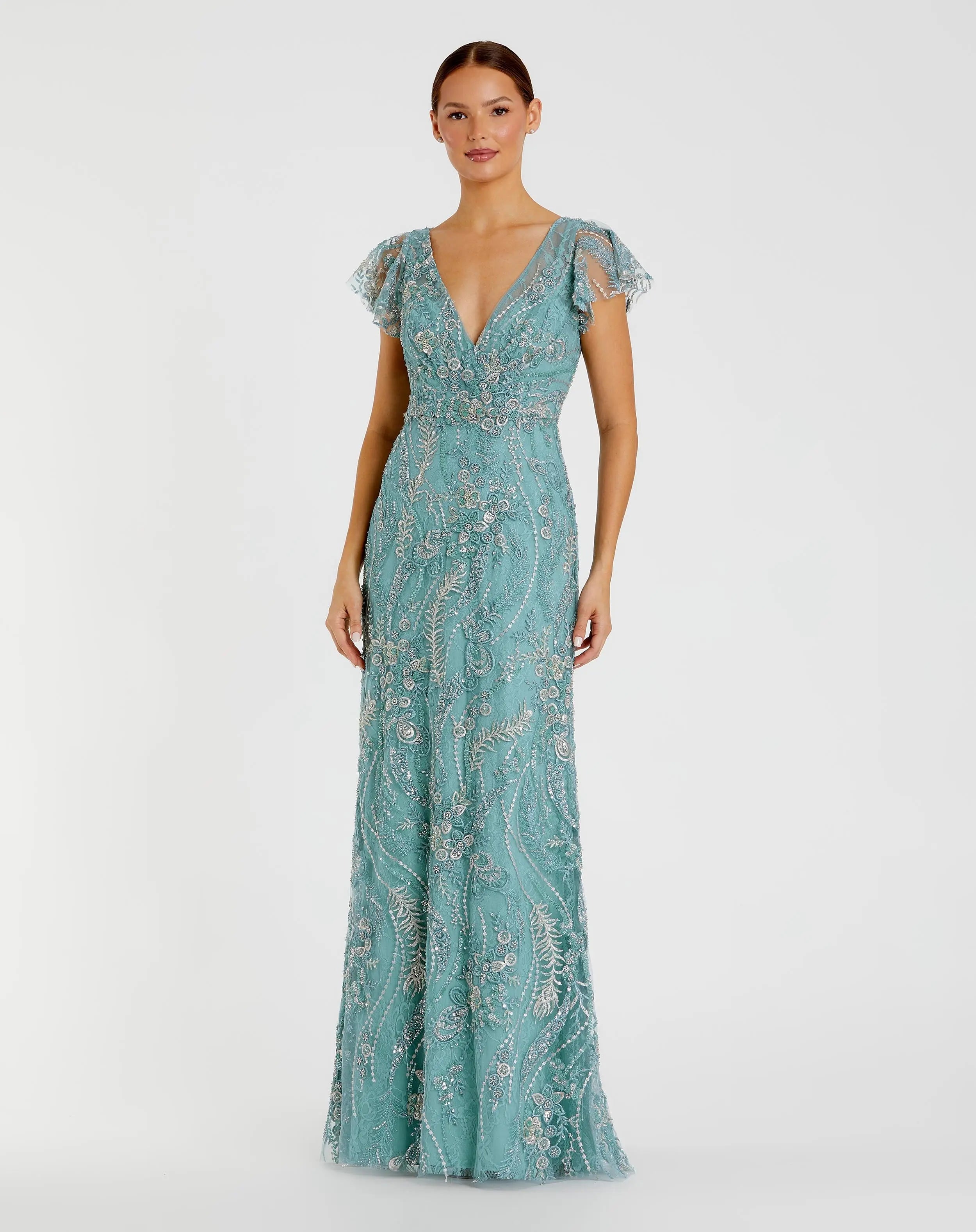 Blue V Neck Flutter Sleeve Embroidered Lace Gown-Myartka
