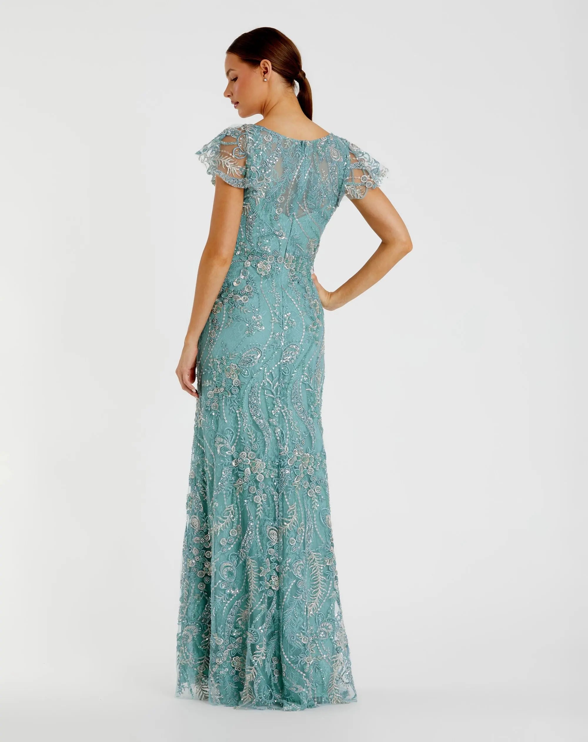 Blue V Neck Flutter Sleeve Embroidered Lace Gown-Myartka