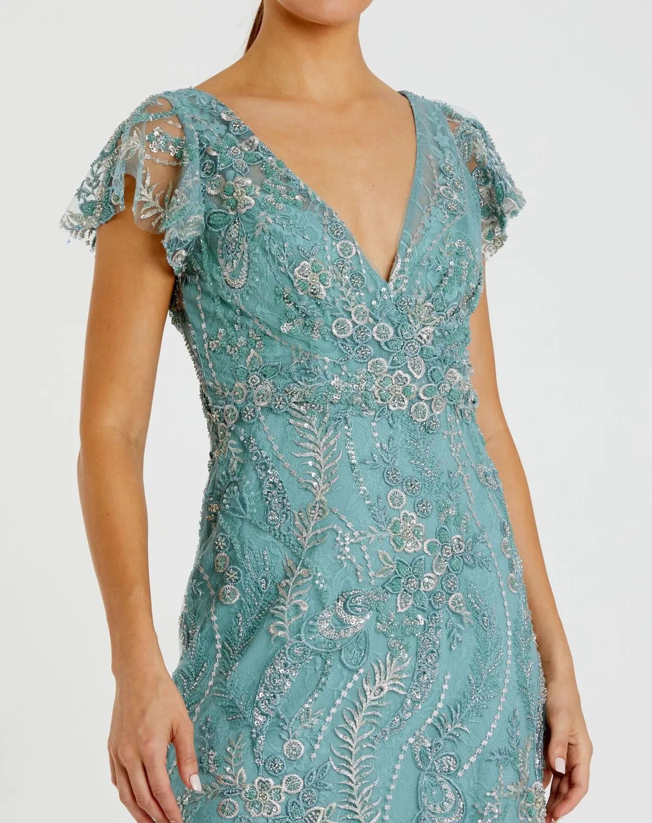 Blue V Neck Flutter Sleeve Embroidered Lace Gown-Myartka