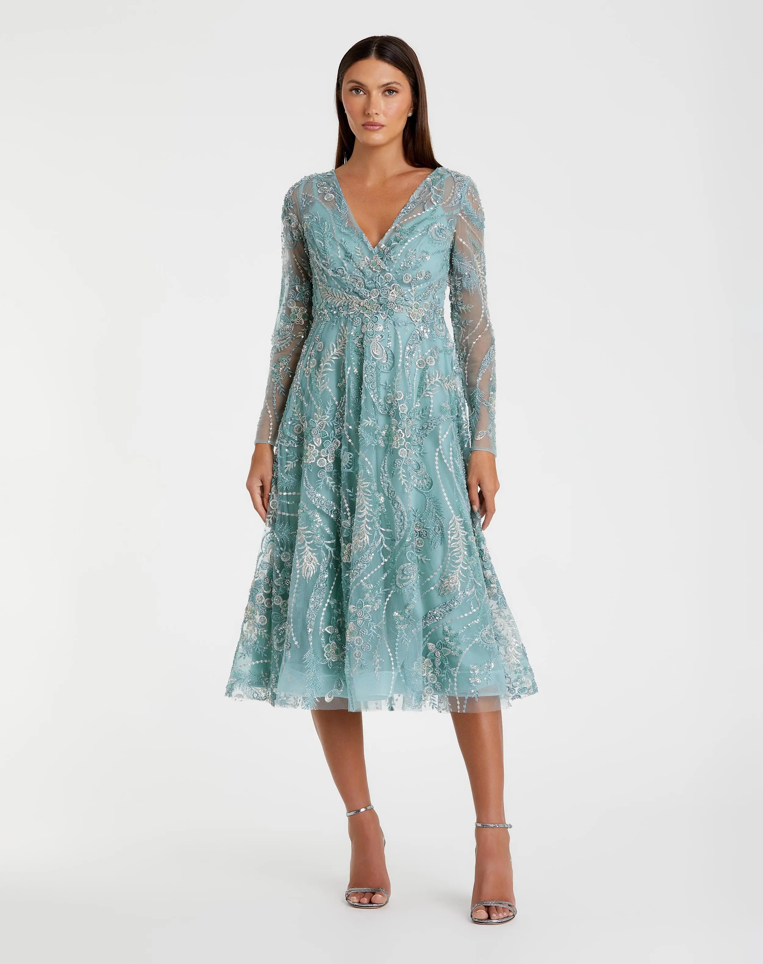 Blue Embellished Long Sleeve V-Neck Midi Dress-Myartka