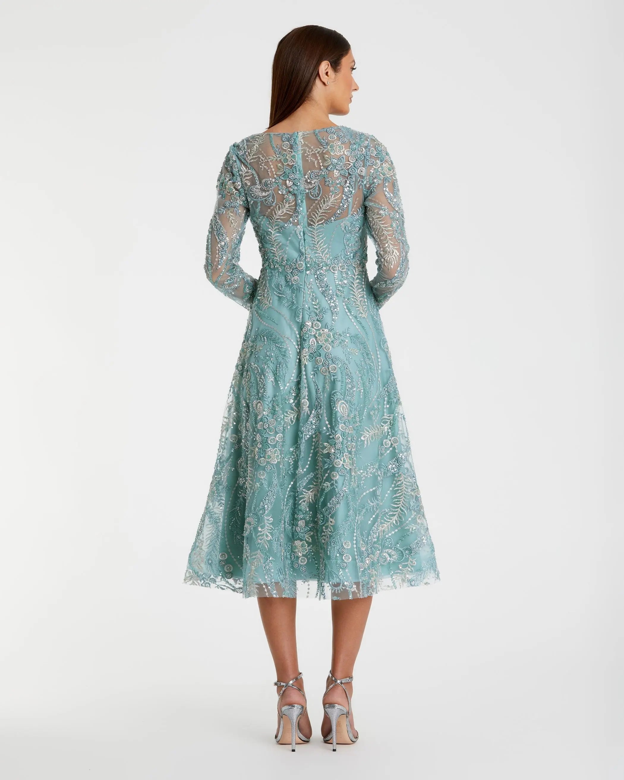 Blue Embellished Long Sleeve V-Neck Midi Dress-Myartka