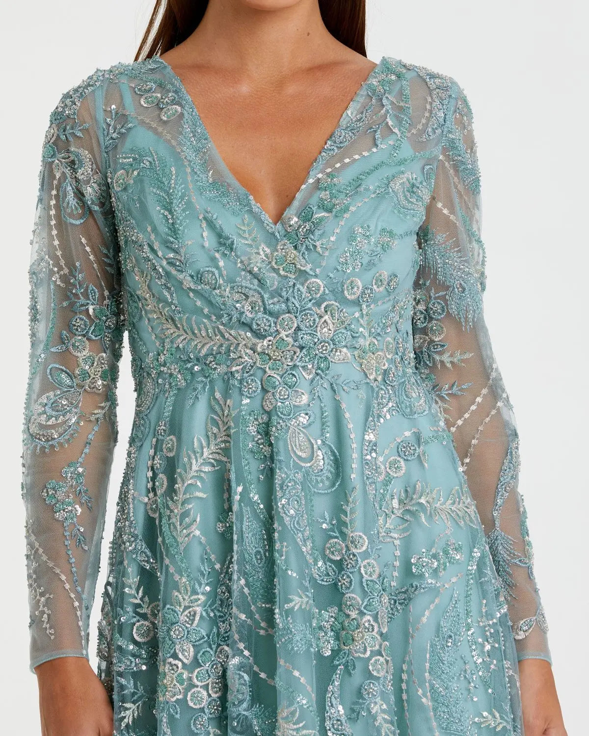 Blue Embellished Long Sleeve V-Neck Midi Dress-Myartka