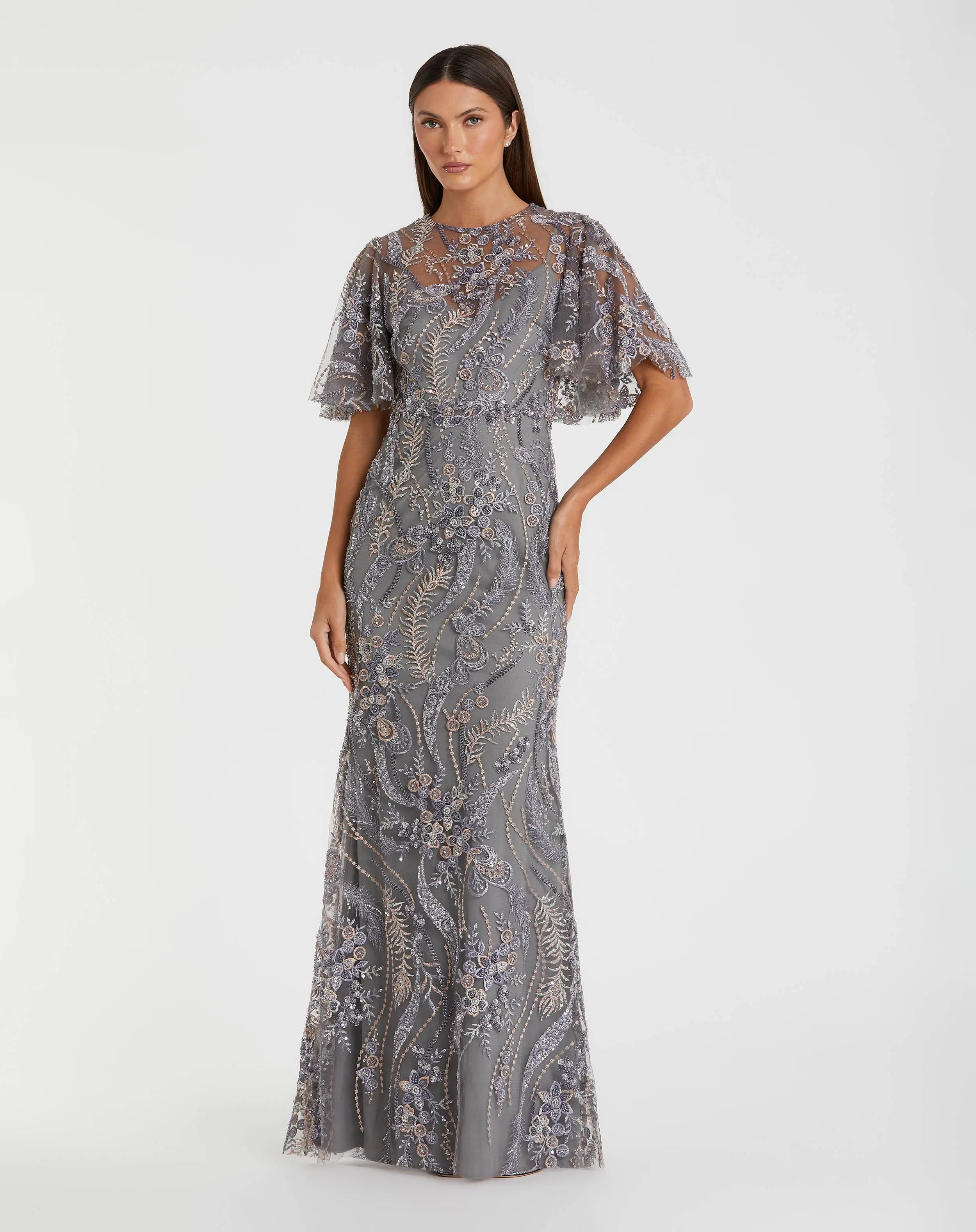 Gray High Neck Flutter Sleeve Embroidered Gown-Myartka