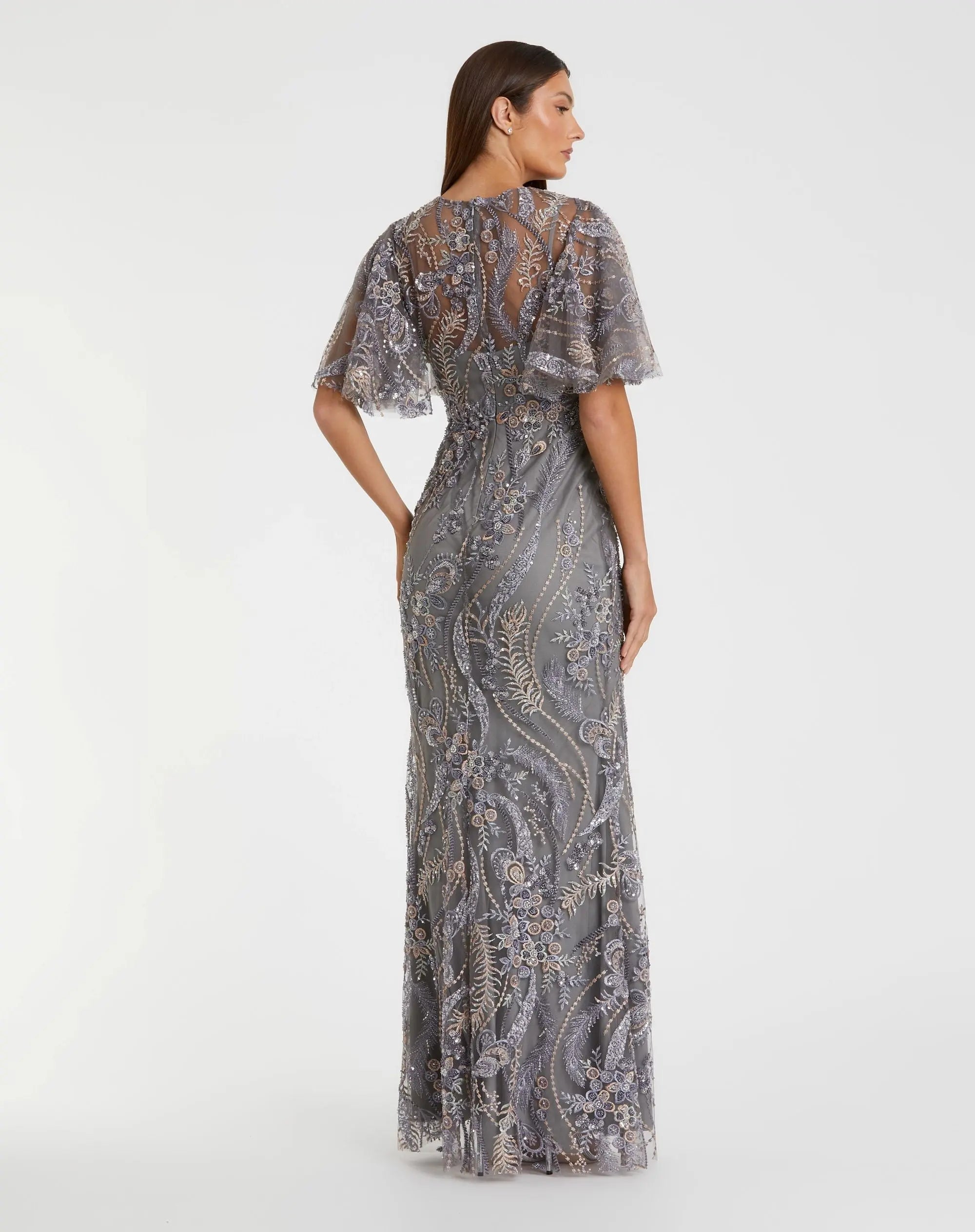 Gray High Neck Flutter Sleeve Embroidered Gown-Myartka