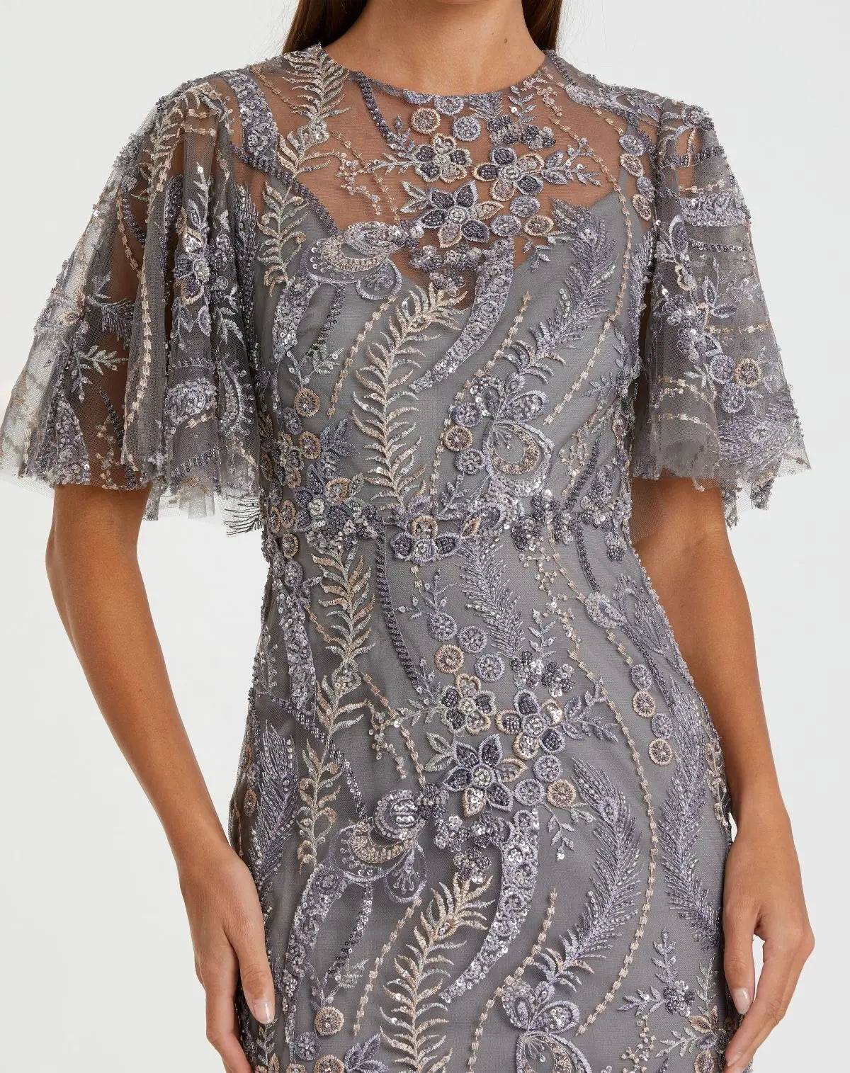 Gray High Neck Flutter Sleeve Embroidered Gown-Myartka
