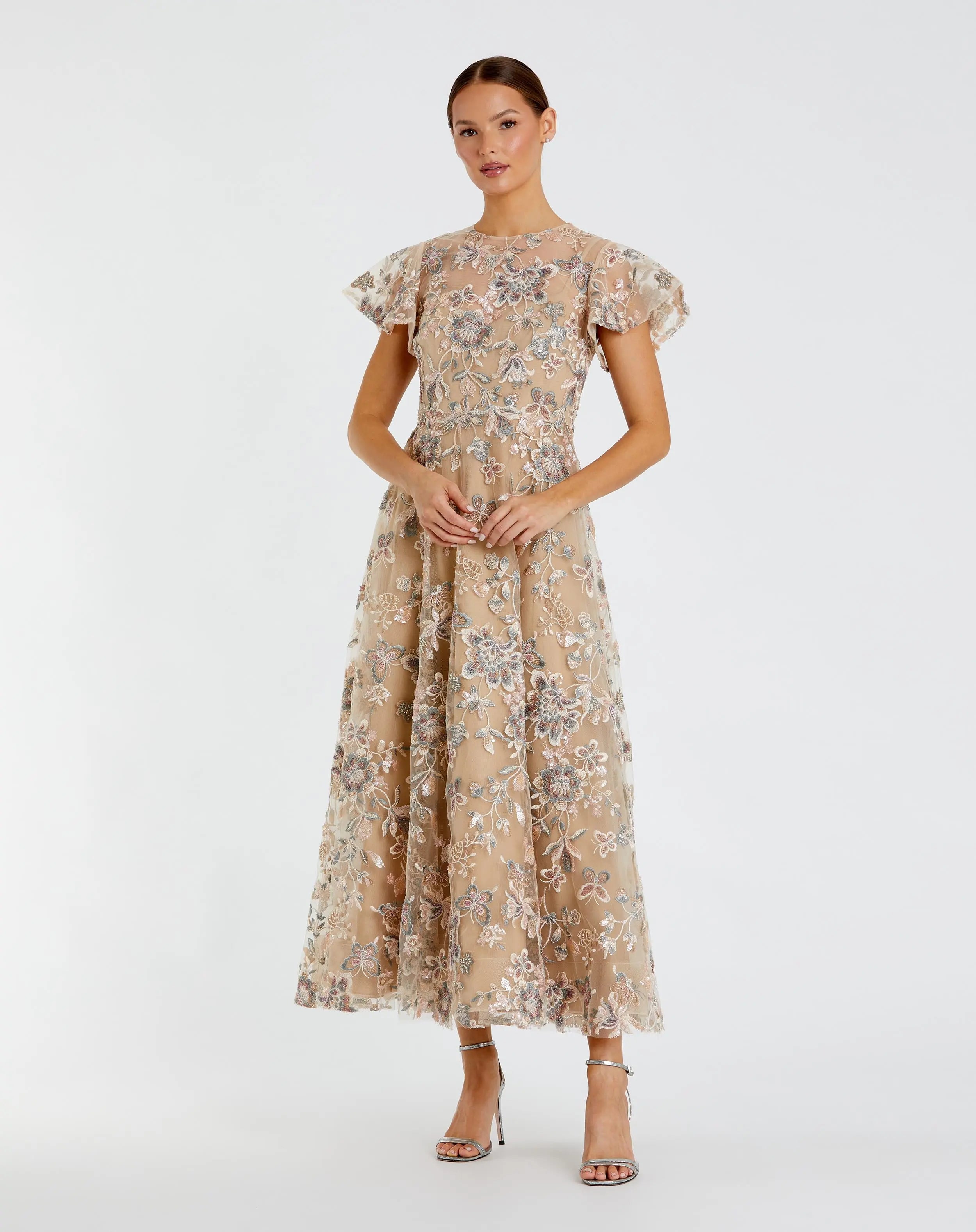 Beige Flutter Sleeve Butterfly Embroidered Maxi Dress-Myartka