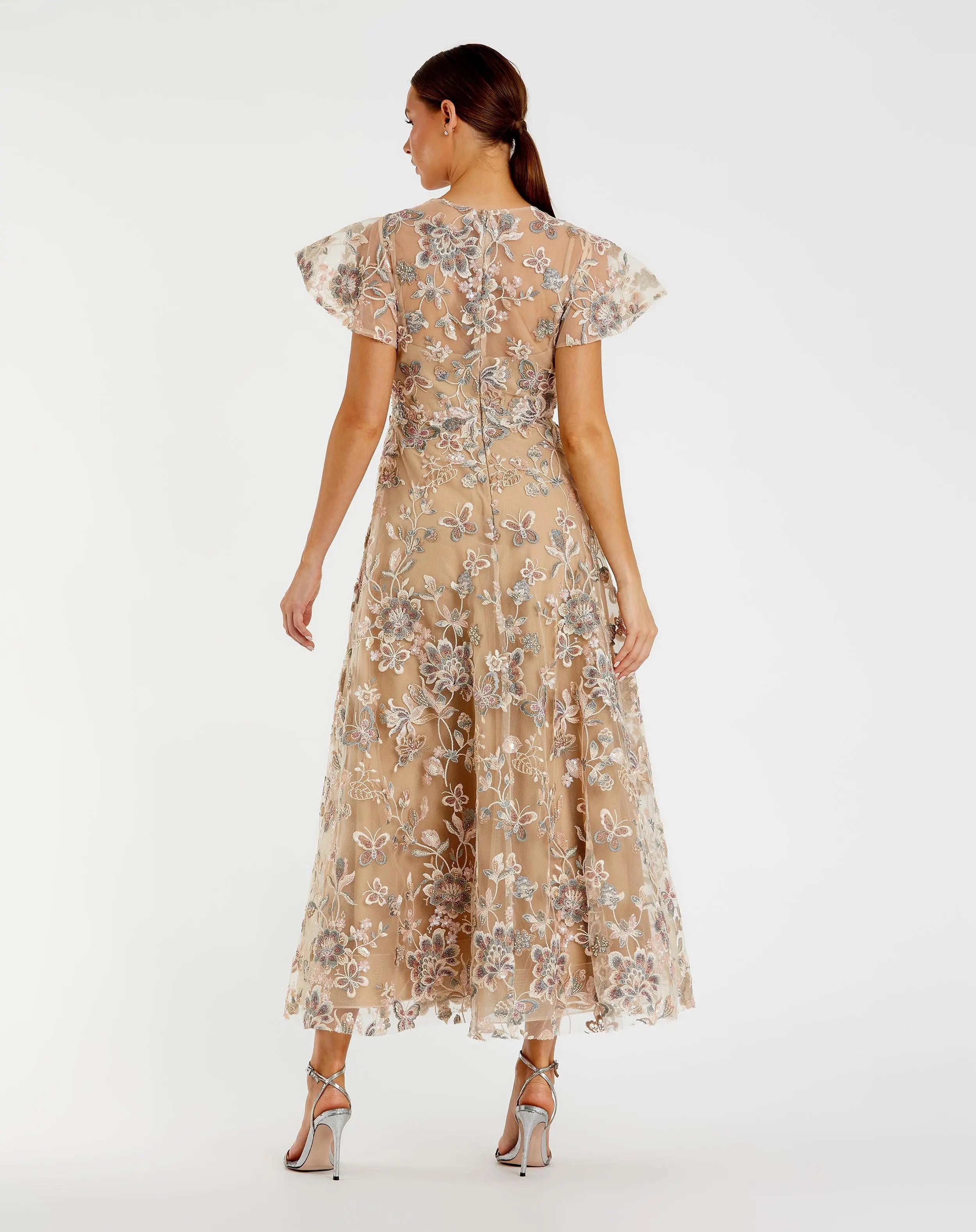 Beige Flutter Sleeve Butterfly Embroidered Maxi Dress-Myartka