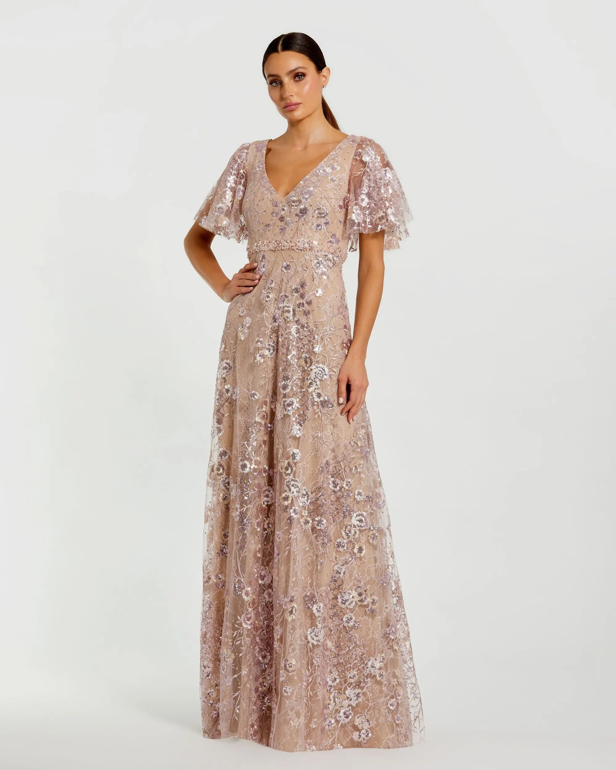 Pink Lace Embellished Flutter Sleeve A-Line Gown-Myartka