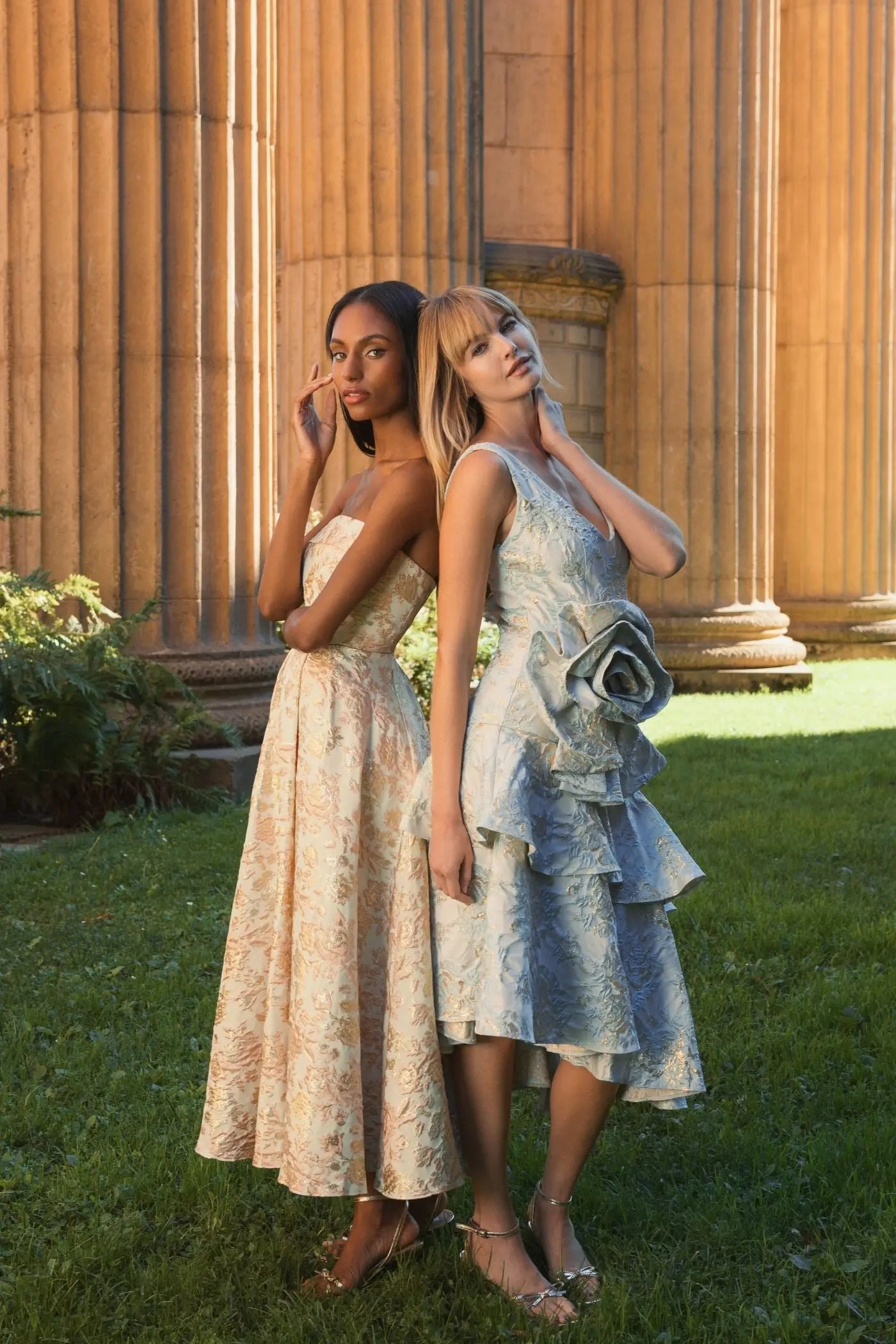 Pink and White Strapless Floral Brocade A Line Midi Dress-Myartka