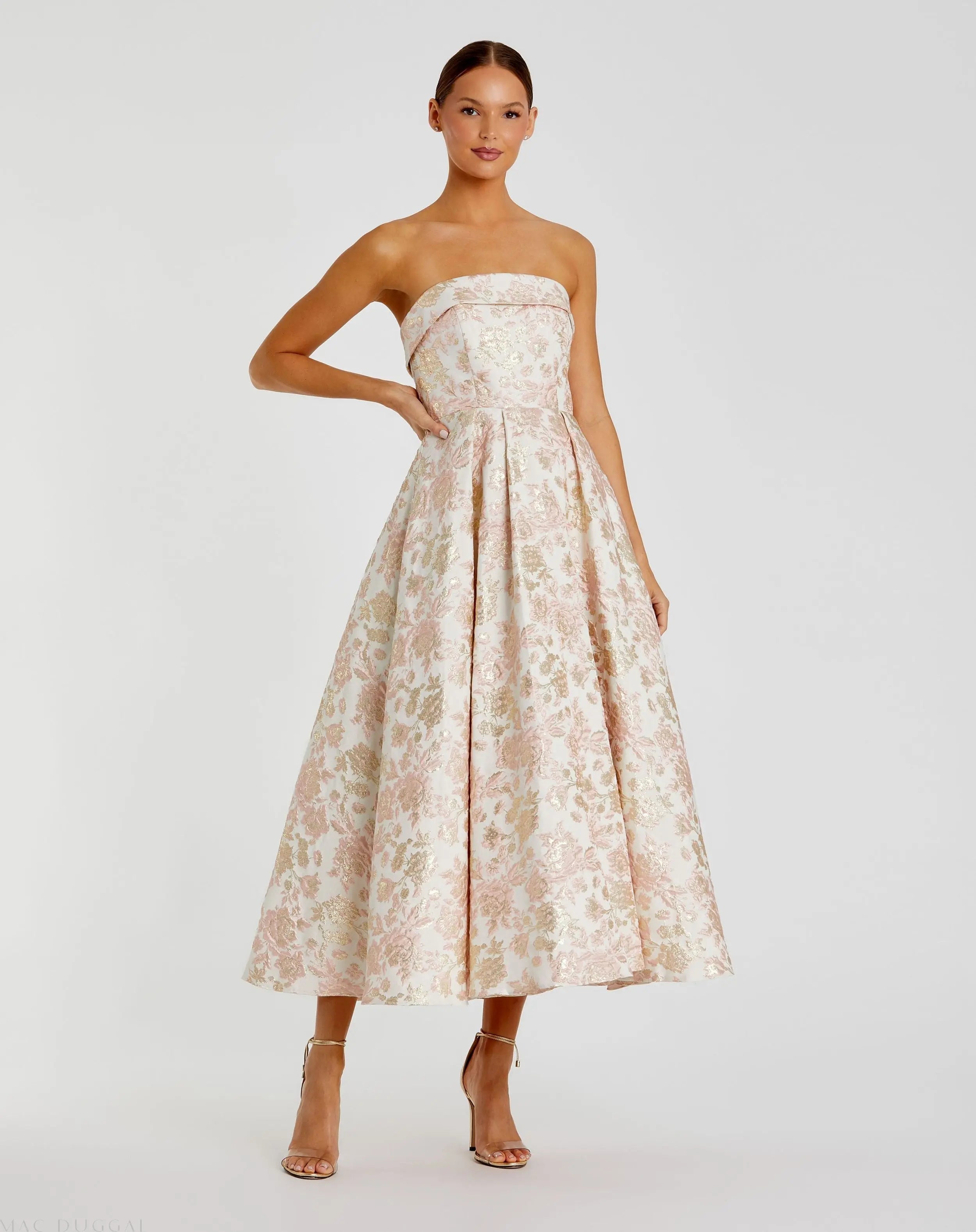 Pink and White Strapless Floral Brocade A Line Midi Dress-Myartka