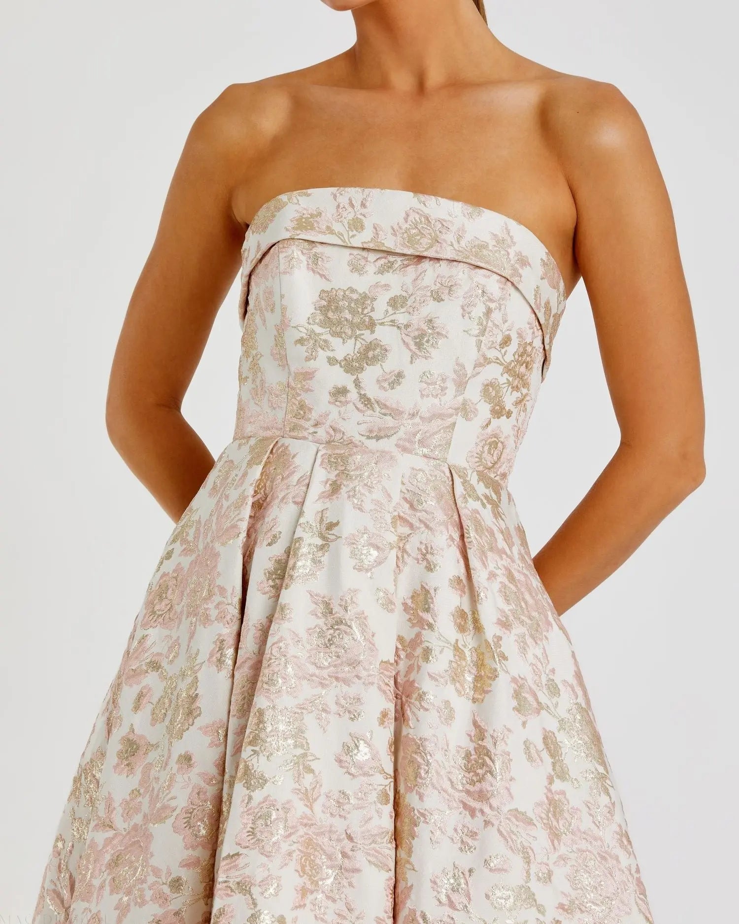 Pink and White Strapless Floral Brocade A Line Midi Dress-Myartka