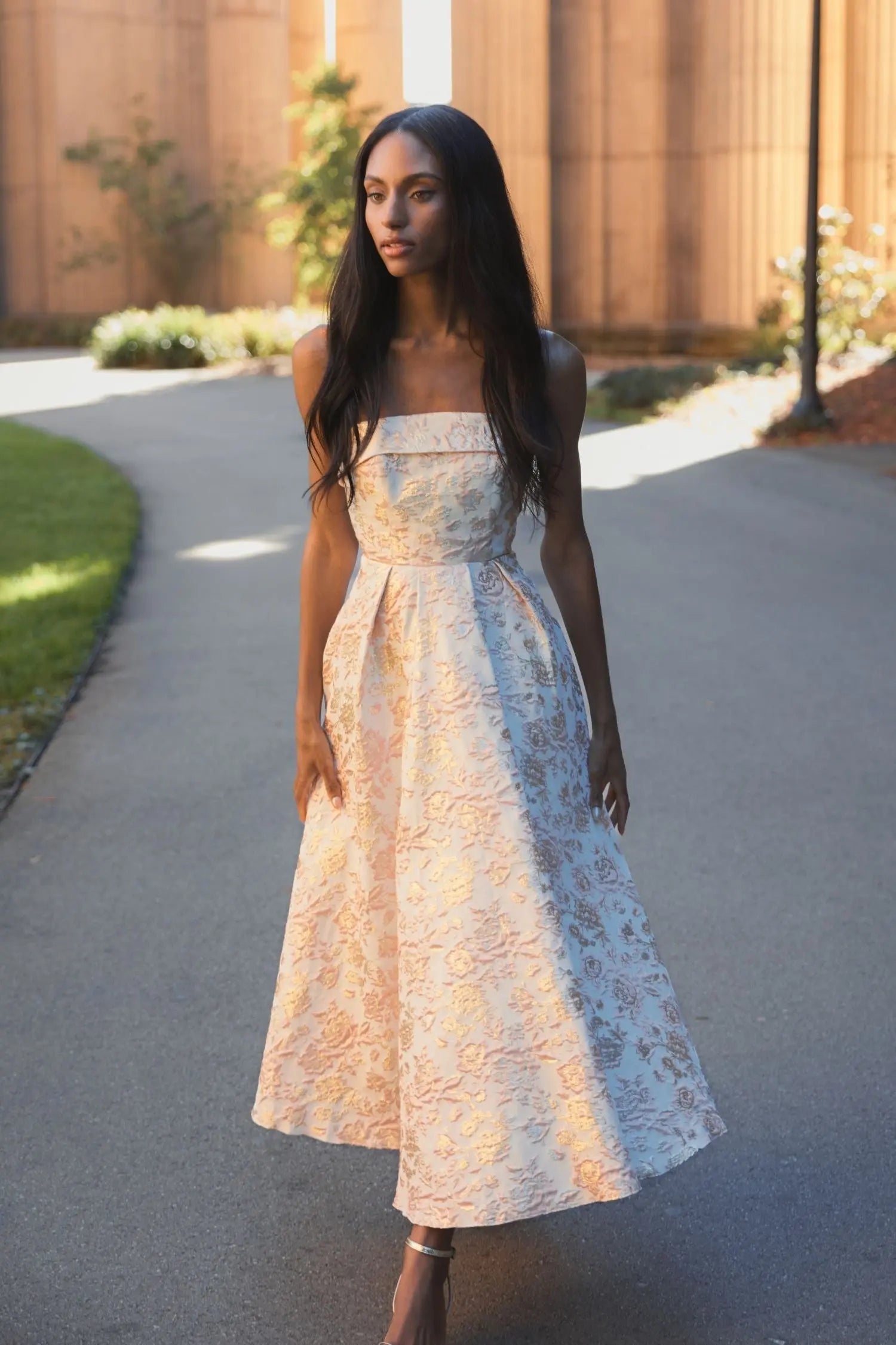 Pink and White Strapless Floral Brocade A Line Midi Dress-Myartka