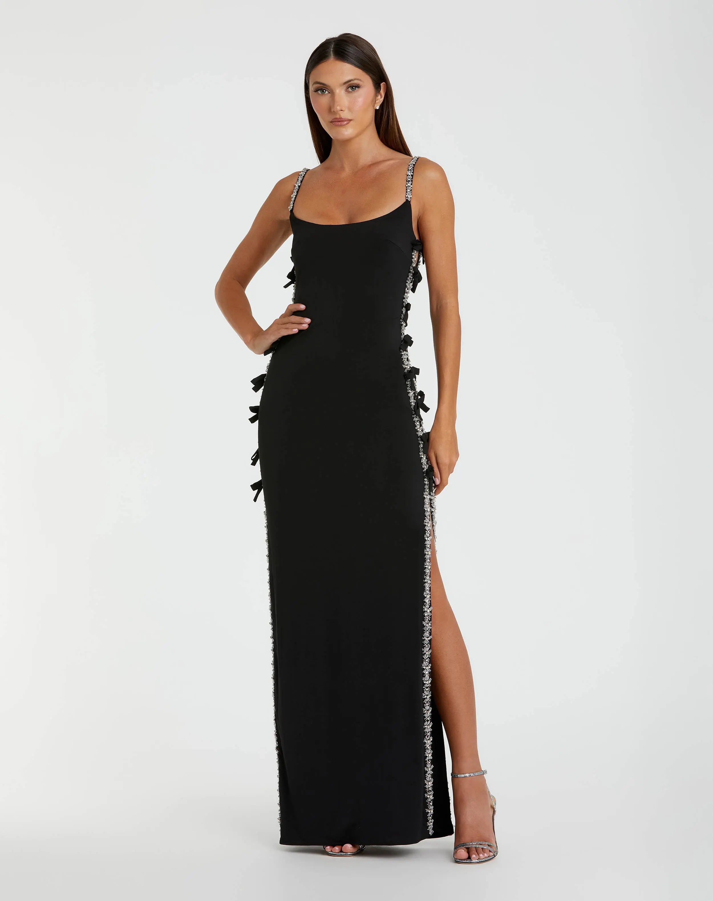 Black Thin Strap Jersey Gown With Bow Details-Myartka