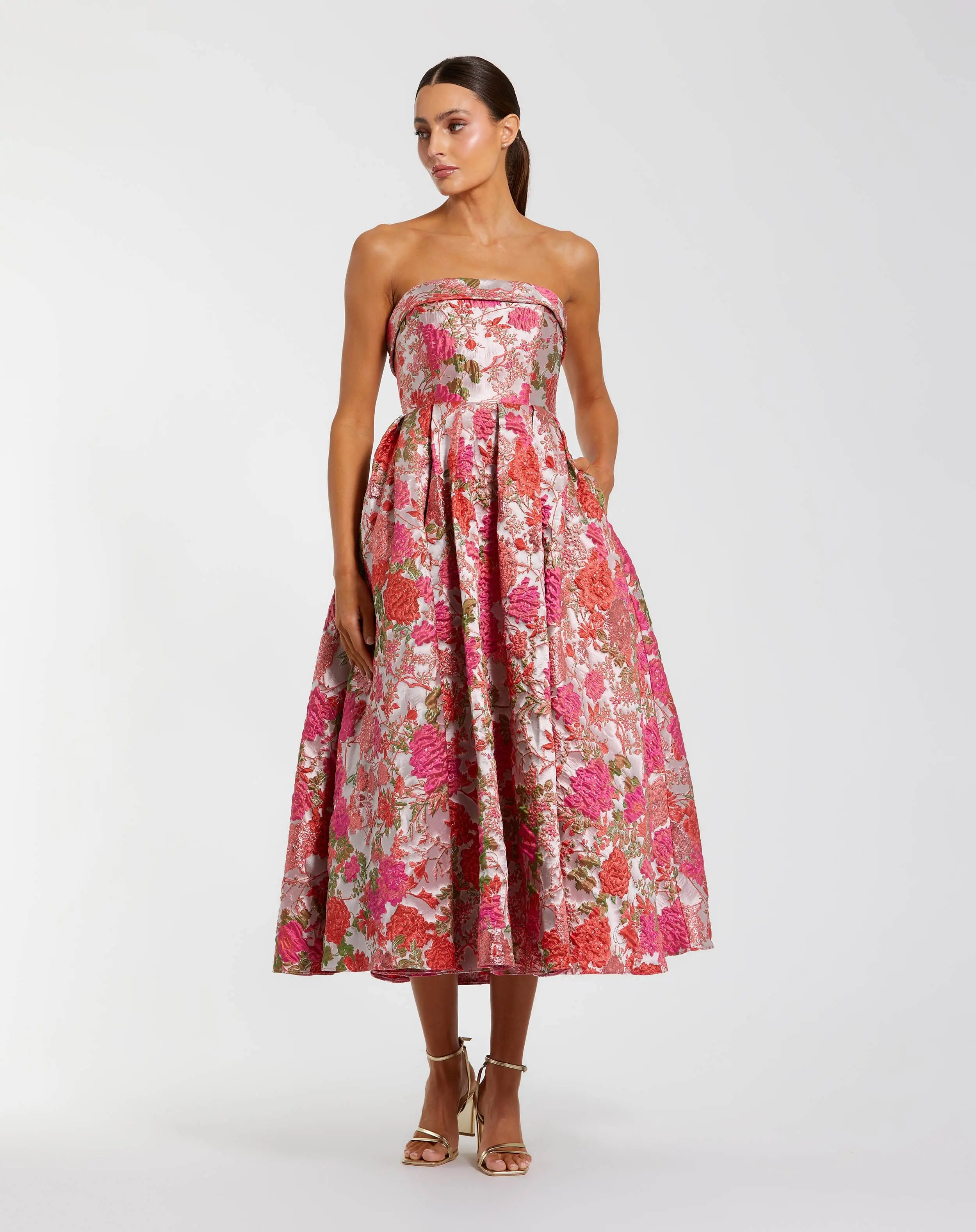 Pink Floral Brocade A Line Midi Dress-Myartka