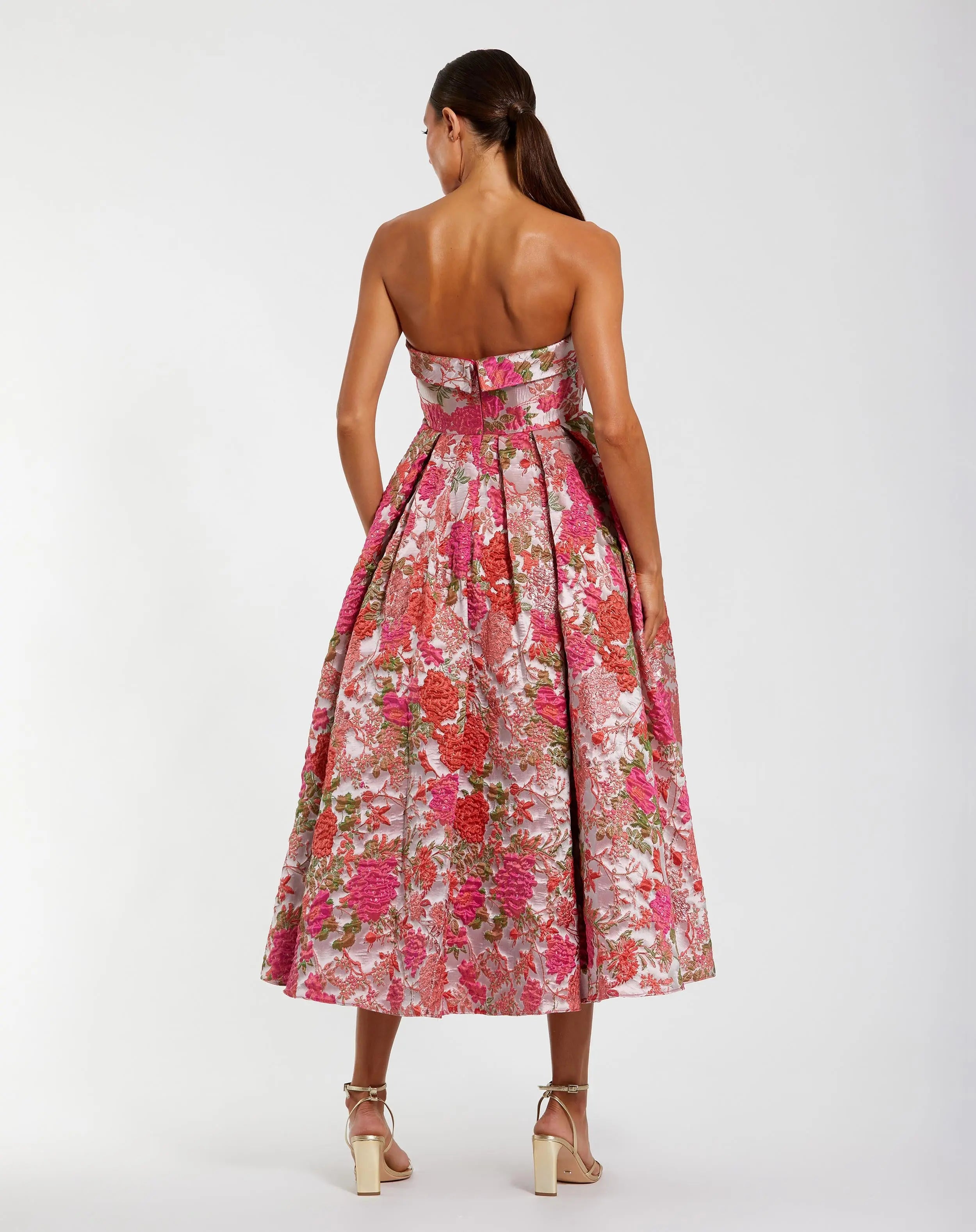 Pink Floral Brocade A Line Midi Dress-Myartka