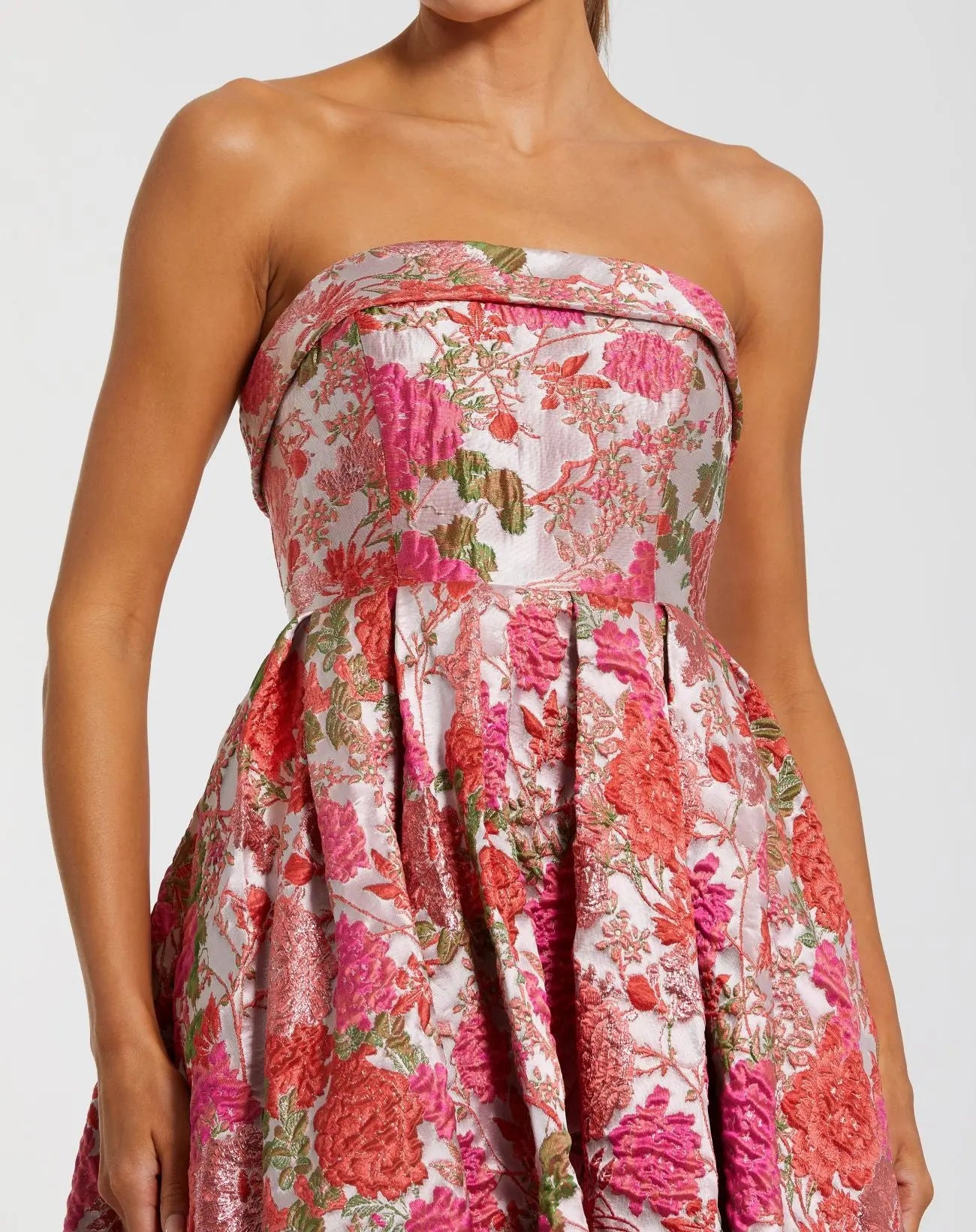 Pink Floral Brocade A Line Midi Dress-Myartka