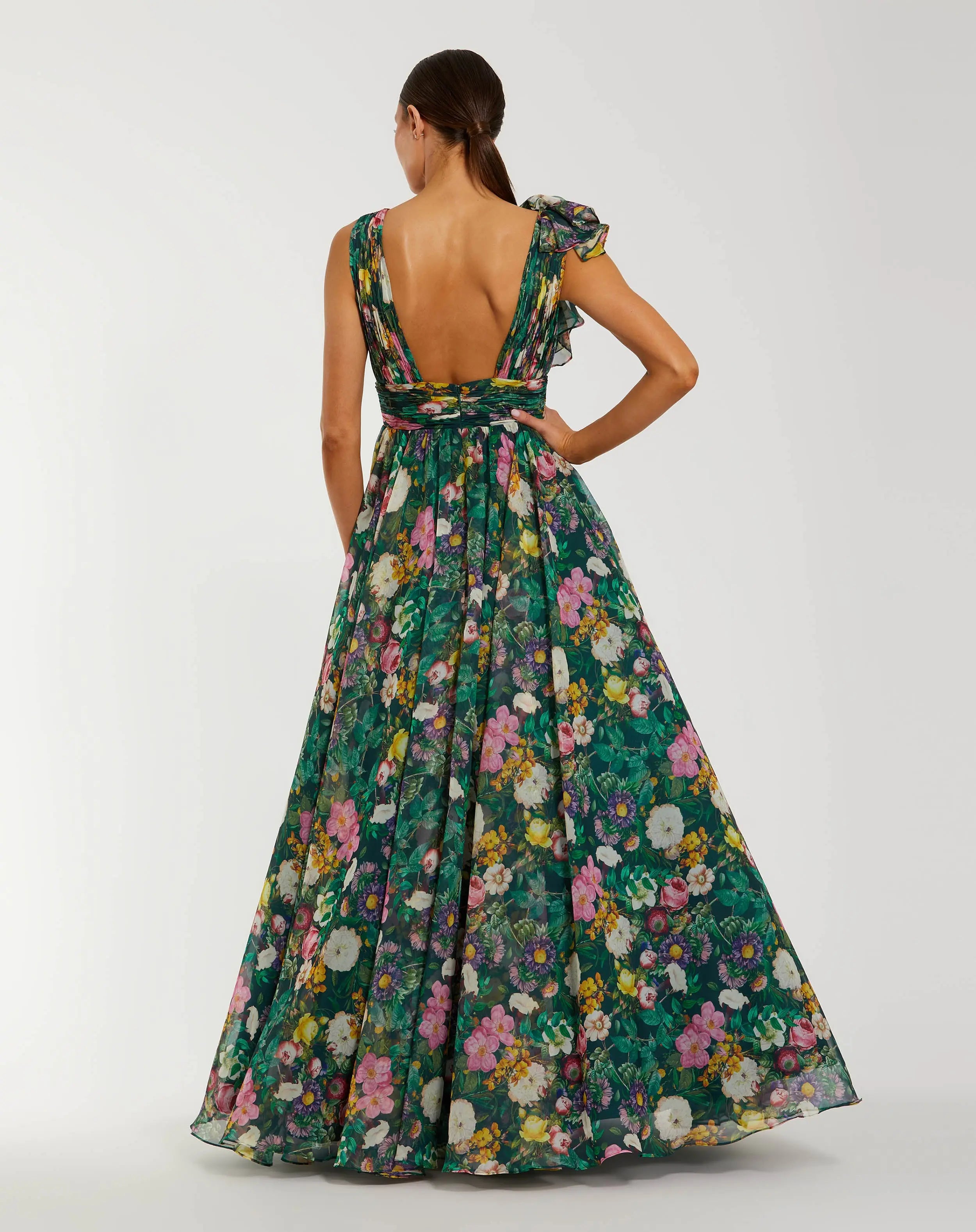Green Sleeveless V-Neck Floral Chiffon Ruffle Ball Gown-Myartka