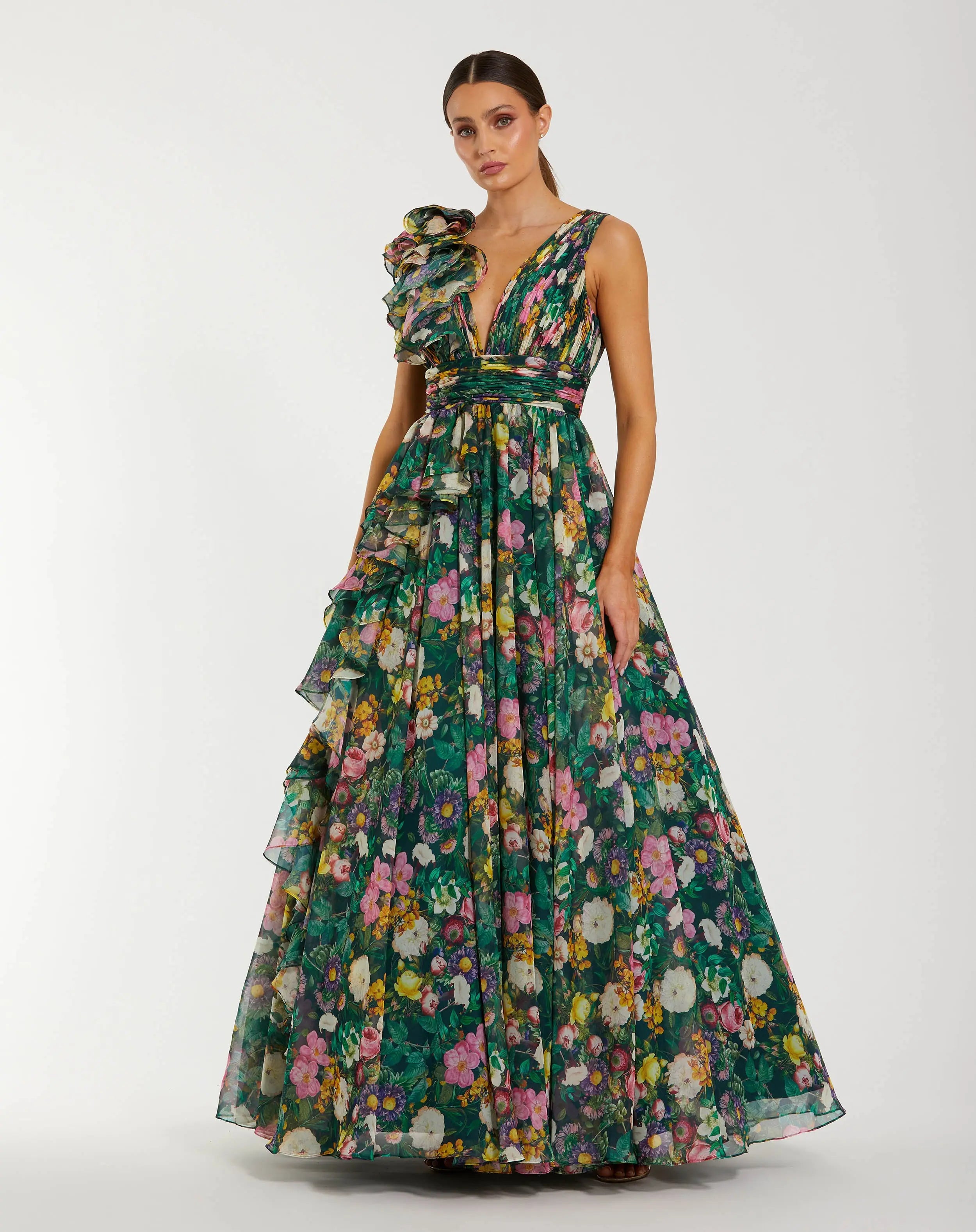 Green Sleeveless V-Neck Floral Chiffon Ruffle Ball Gown-Myartka