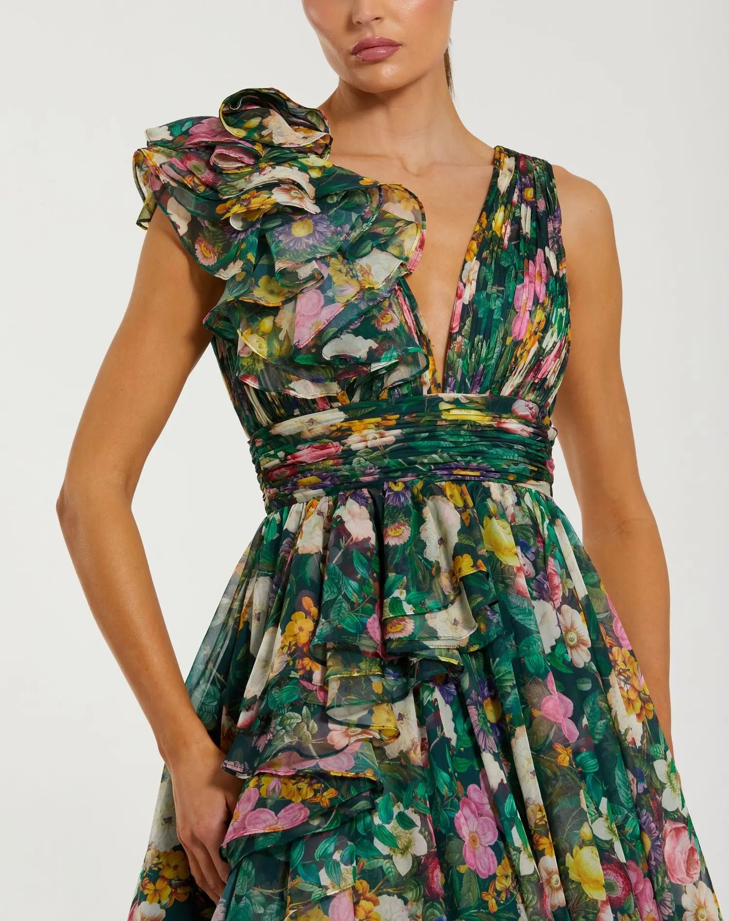 Green Sleeveless V-Neck Floral Chiffon Ruffle Ball Gown-Myartka