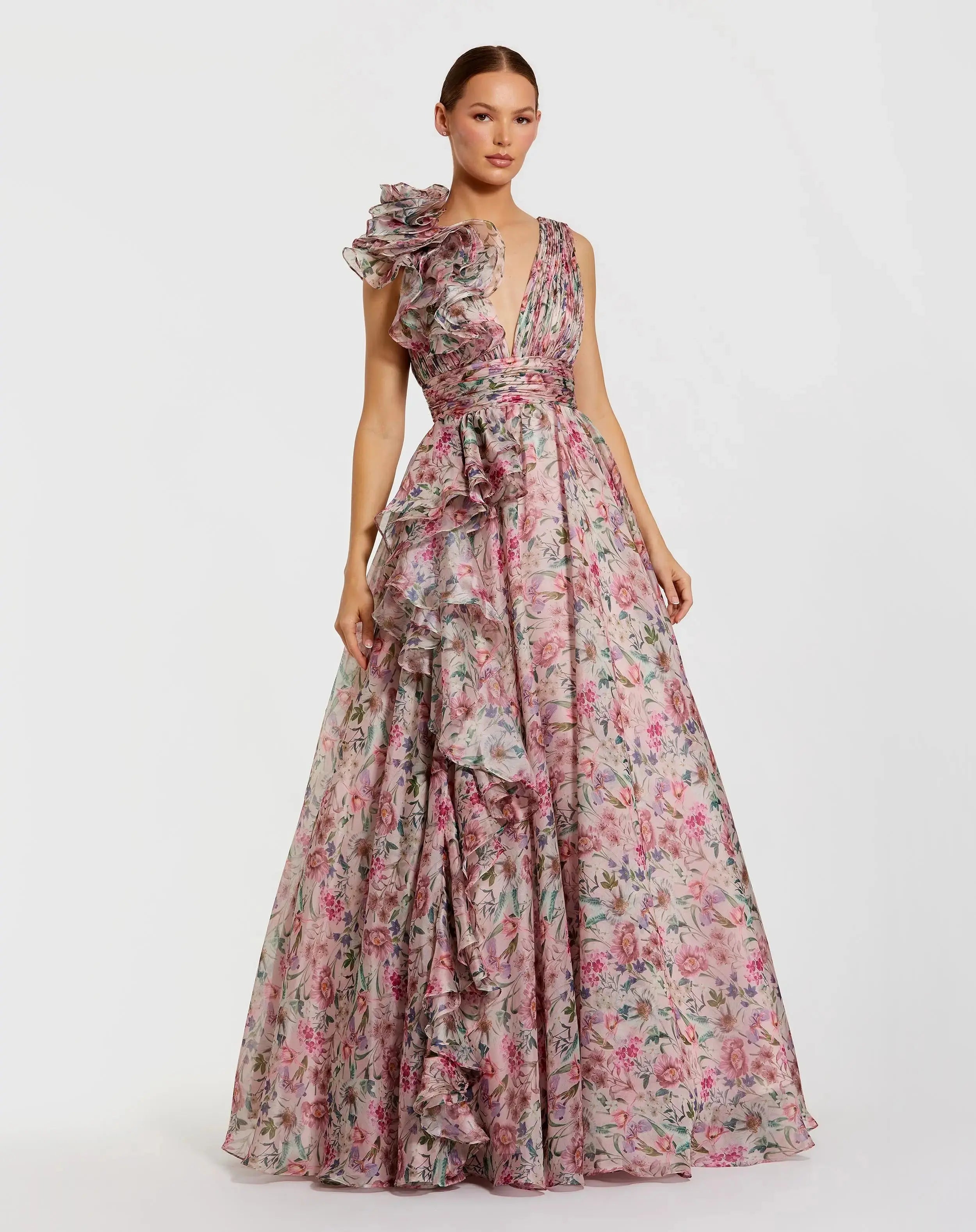 Pink Sleeveless V-Neck Floral Chiffon Ruffle Ball Gown-Myartka