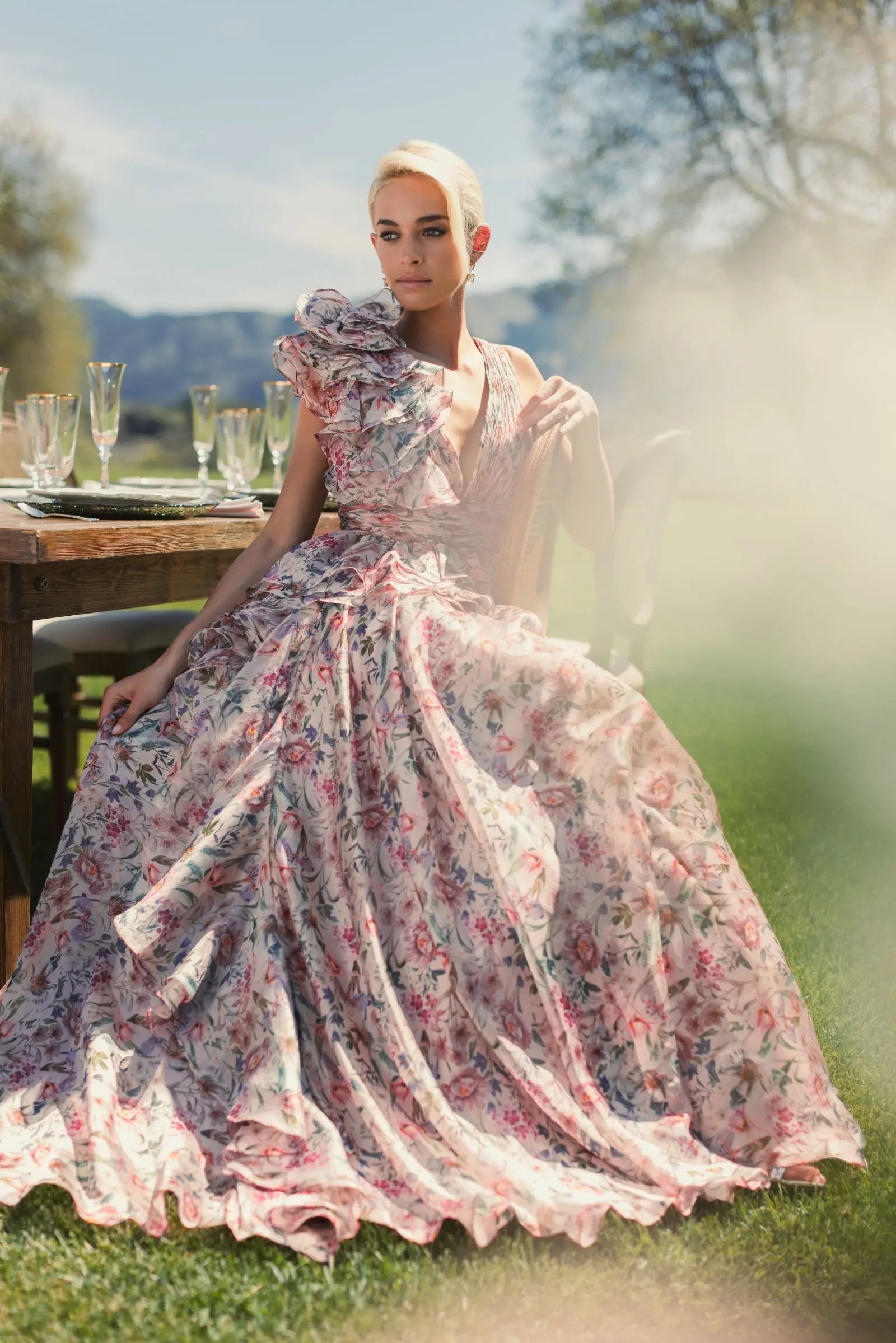 Pink Sleeveless V-Neck Floral Chiffon Ruffle Ball Gown-Myartka
