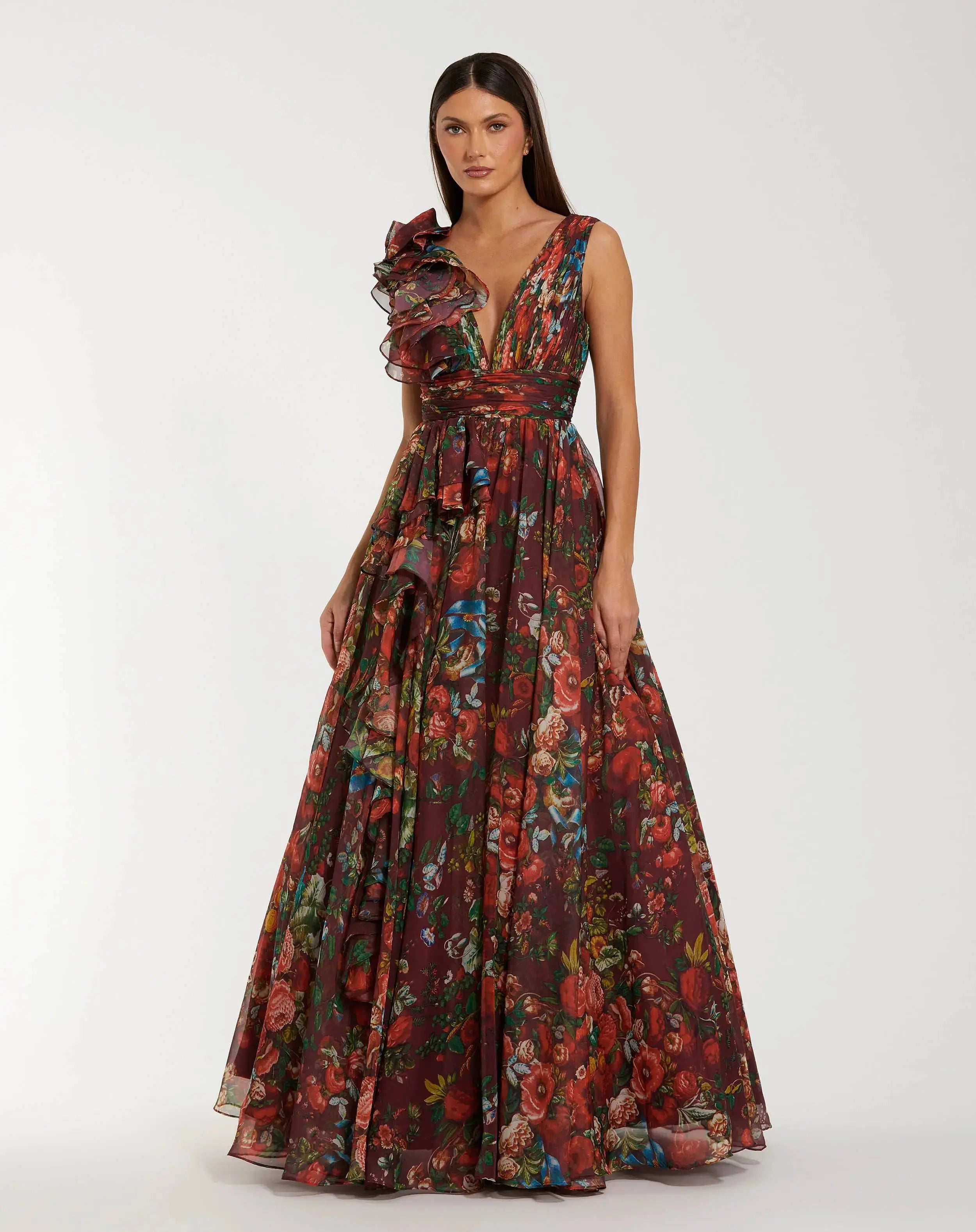 Wine Sleeveless V-Neck Floral Chiffon Ruffle Ball Gown-Myartka