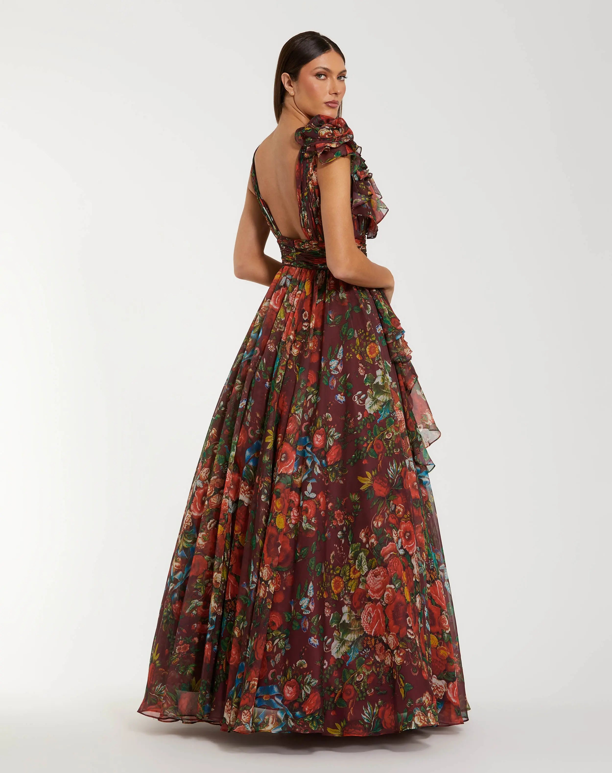 Wine Sleeveless V-Neck Floral Chiffon Ruffle Ball Gown-Myartka