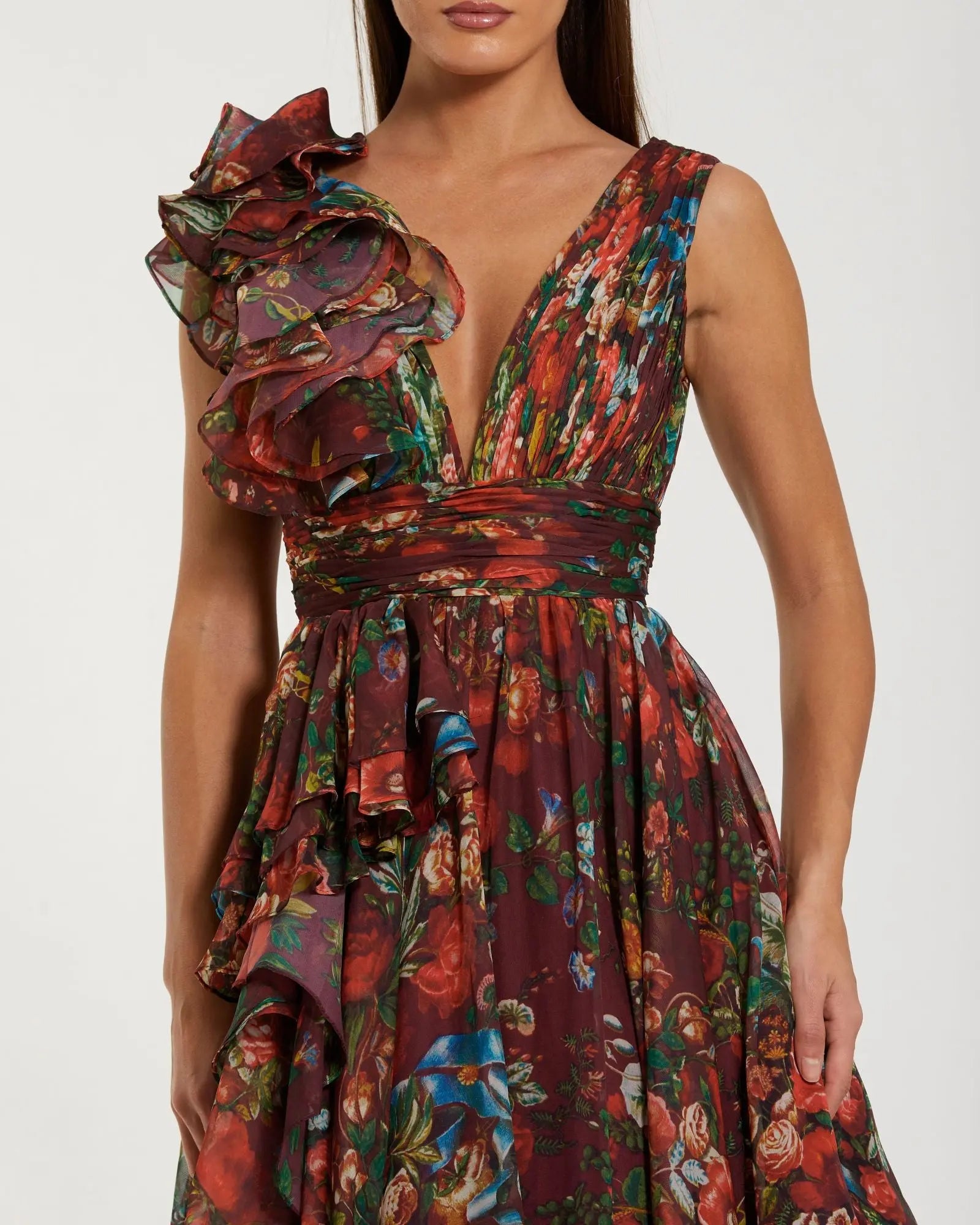 Wine Sleeveless V-Neck Floral Chiffon Ruffle Ball Gown-Myartka