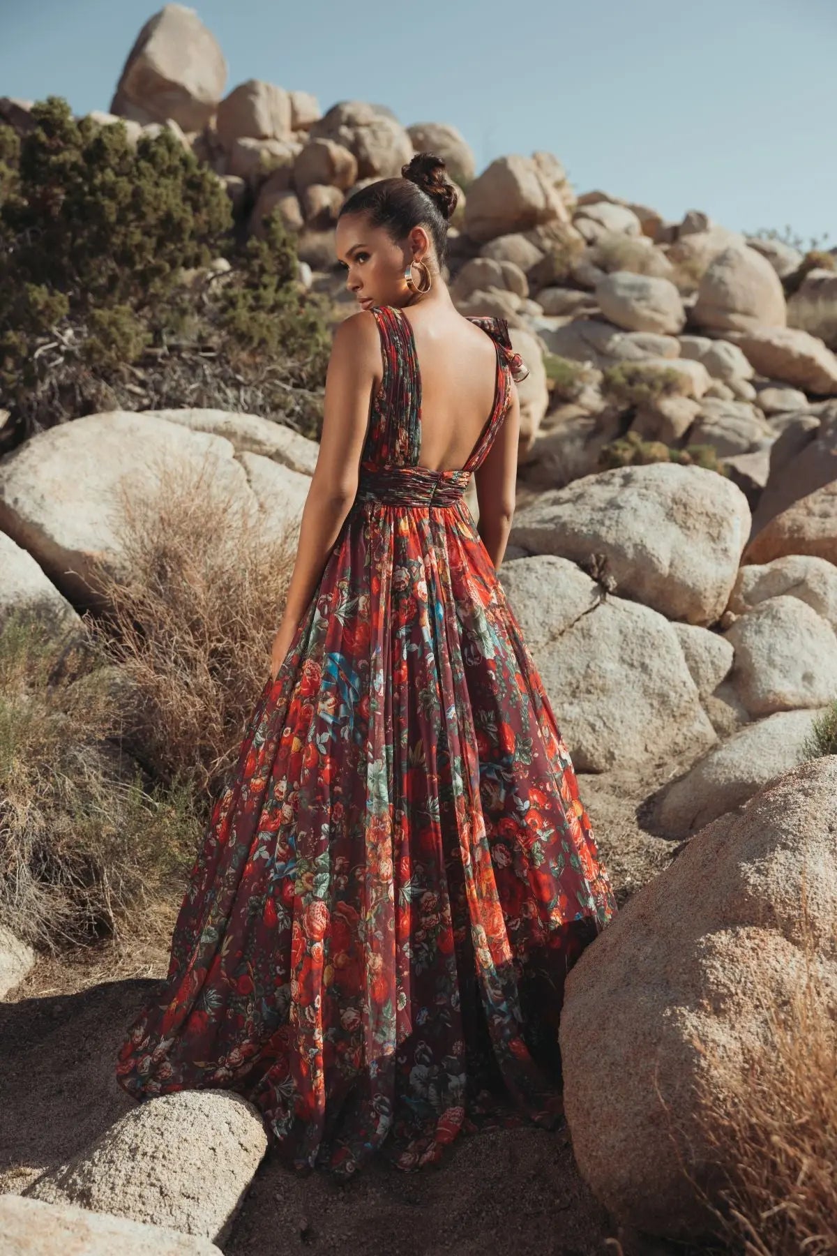 Wine Sleeveless V-Neck Floral Chiffon Ruffle Ball Gown-Myartka