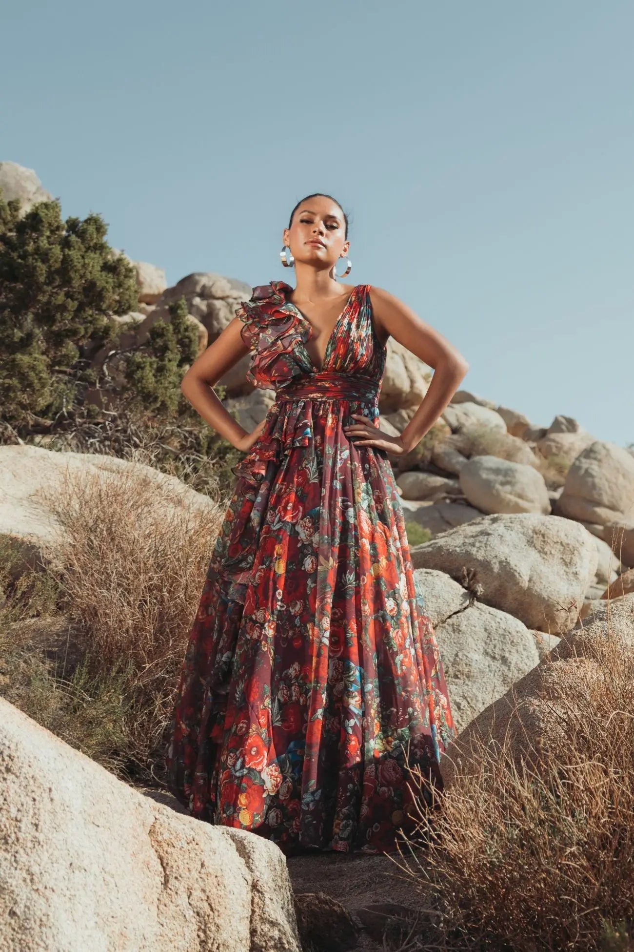 Wine Sleeveless V-Neck Floral Chiffon Ruffle Ball Gown-Myartka