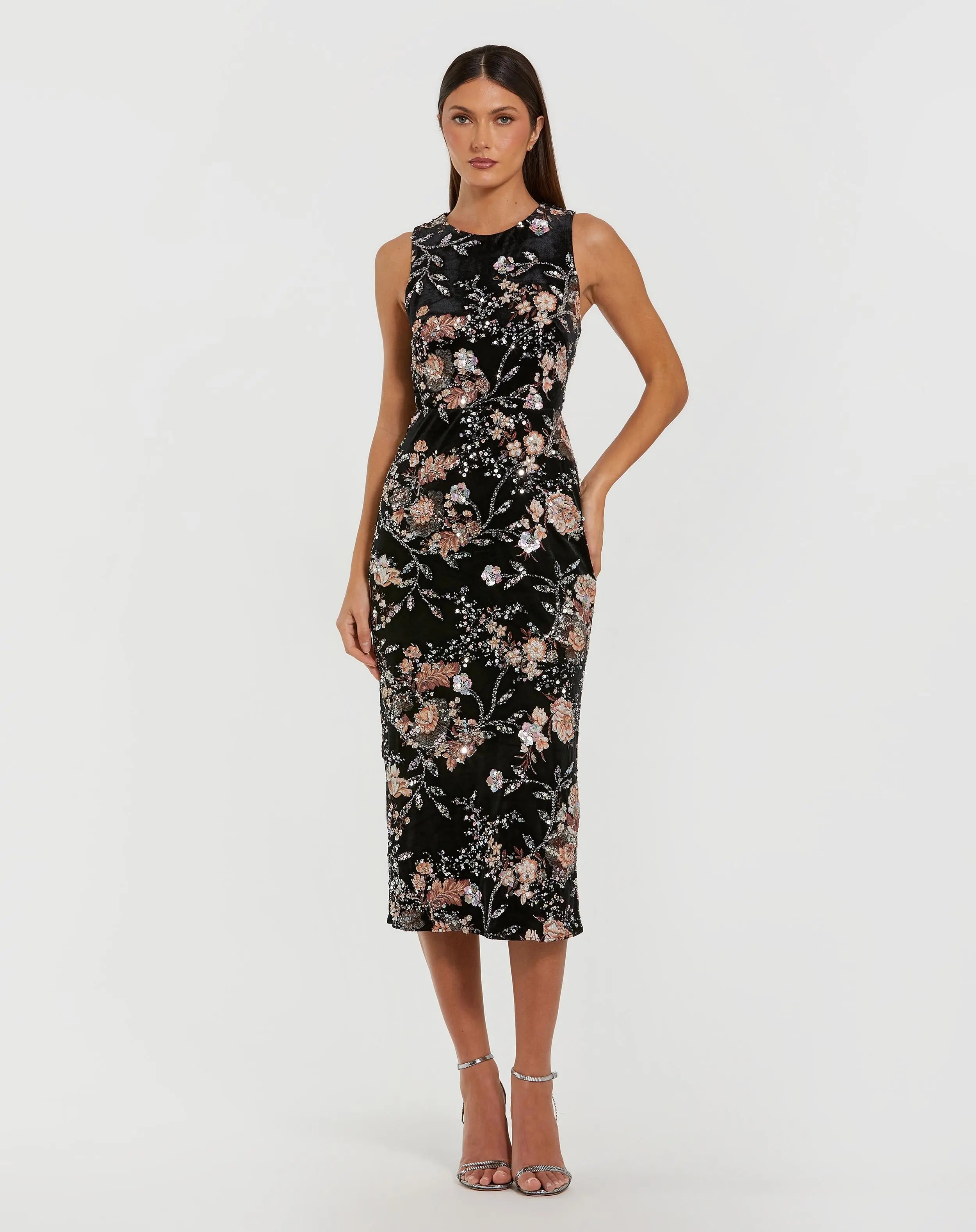 Black Velvet High Neck Sequined Midi Dress with Multicolor Embroidery-Myartka