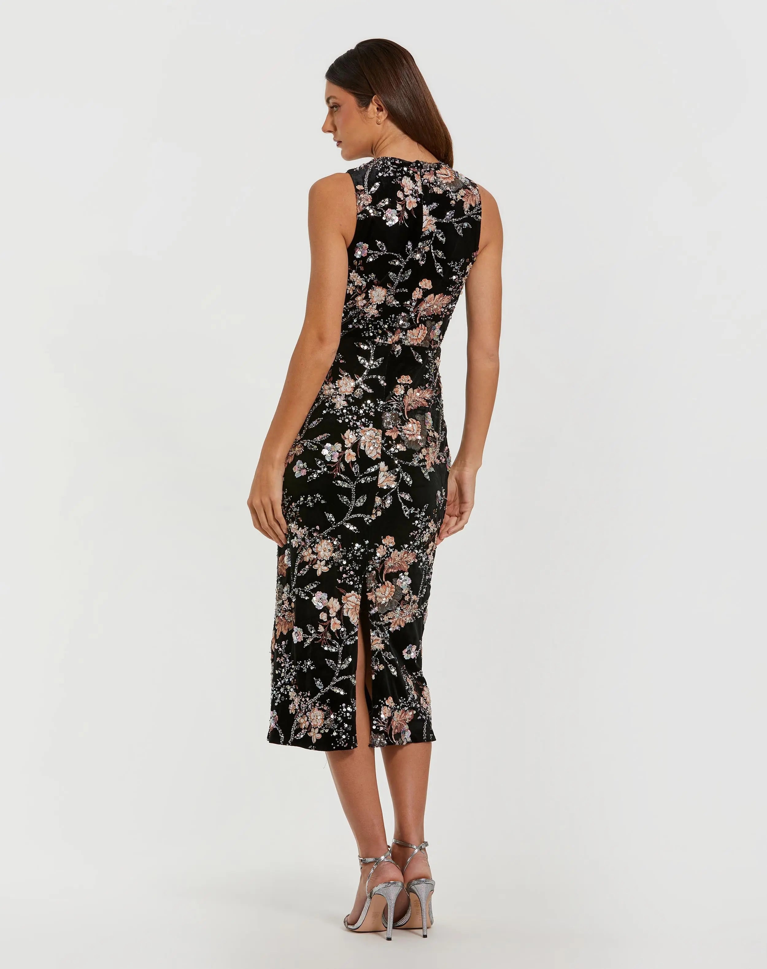 Black Velvet High Neck Sequined Midi Dress with Multicolor Embroidery-Myartka
