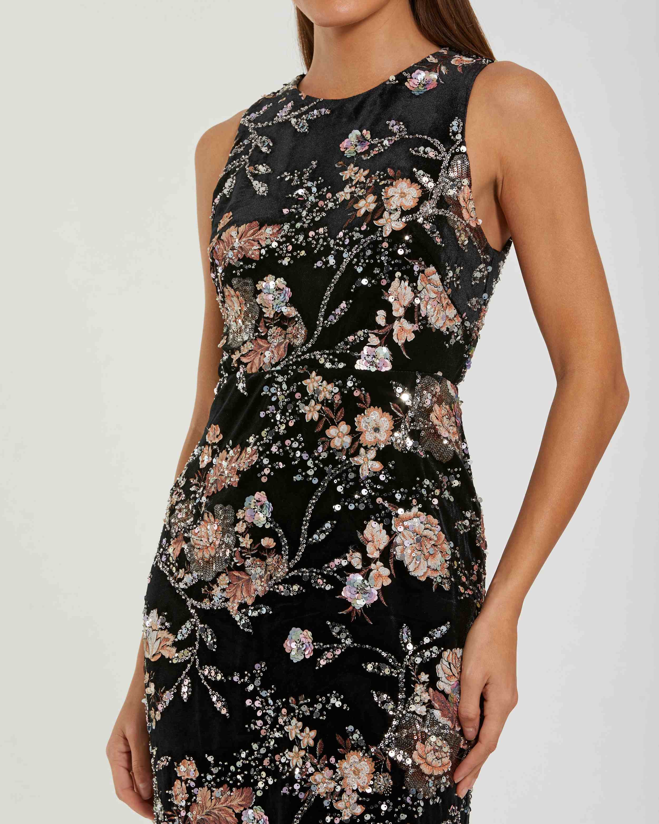 Black Velvet High Neck Sequined Midi Dress with Multicolor Embroidery-Myartka