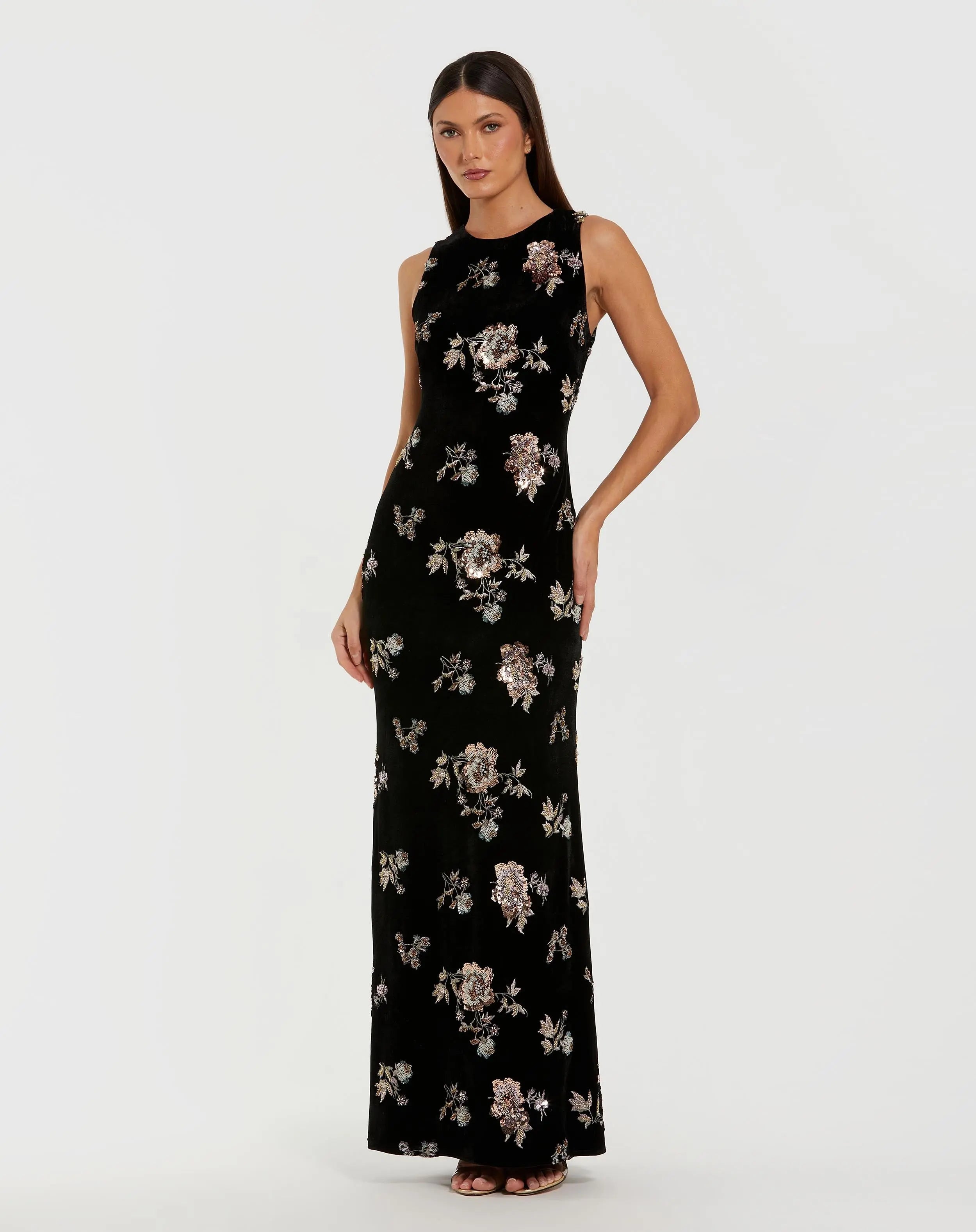 Black Sleeveless Floral Embellished Velvet Evening Gown-Myartka