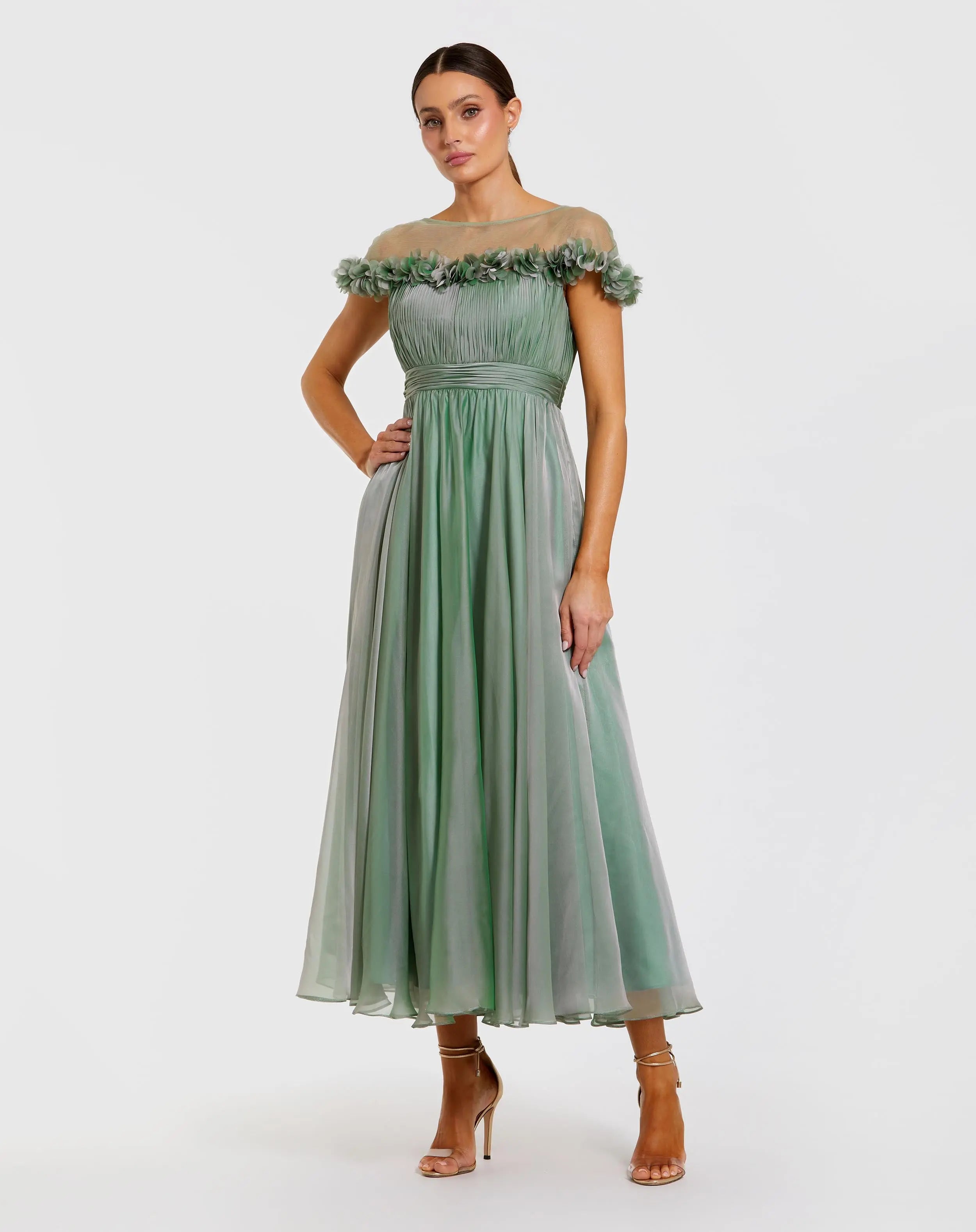 Green Chiffon Illusion Neck Midi Dress With 3D Flowers-Myartka