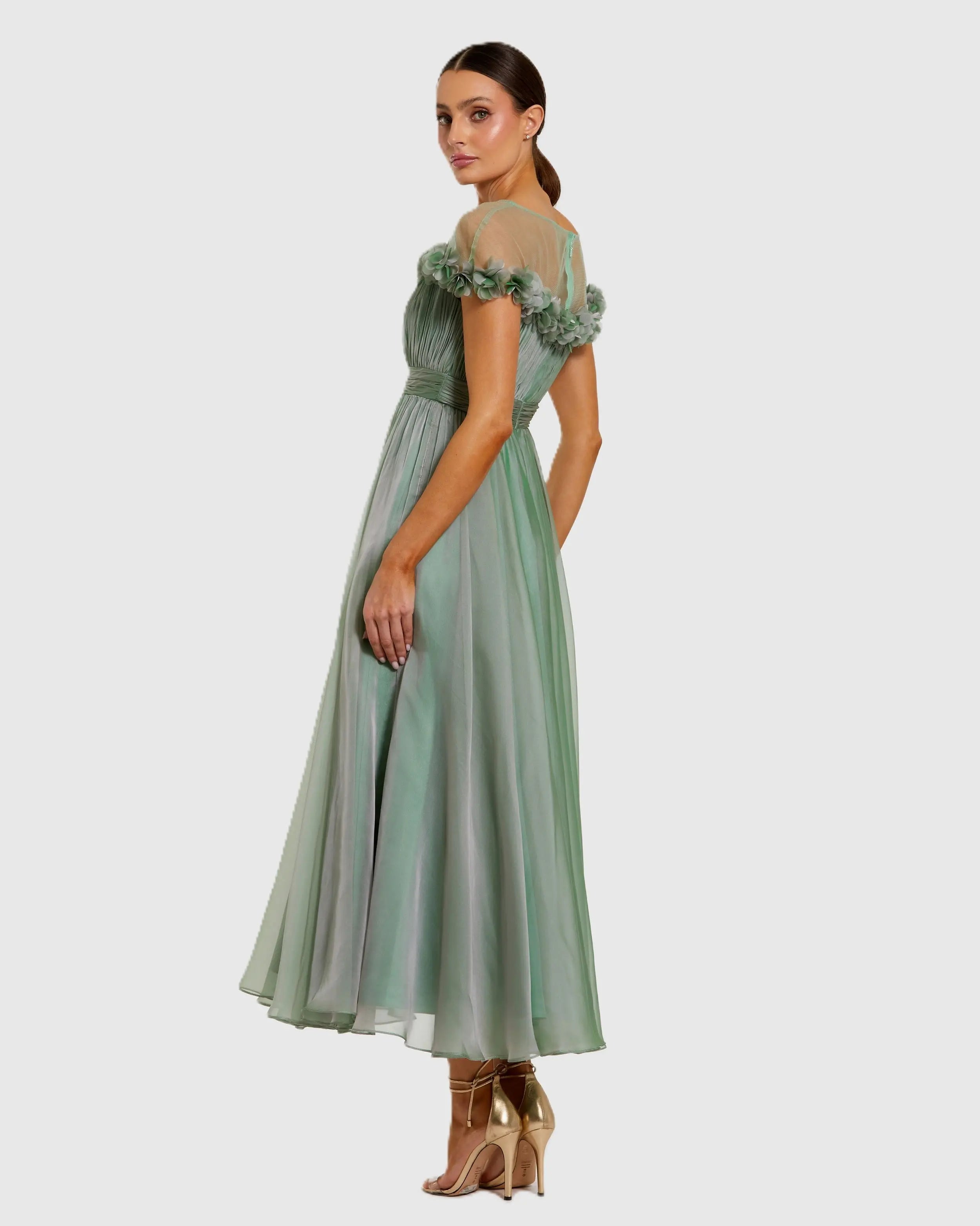 Green Chiffon Illusion Neck Midi Dress With 3D Flowers-Myartka