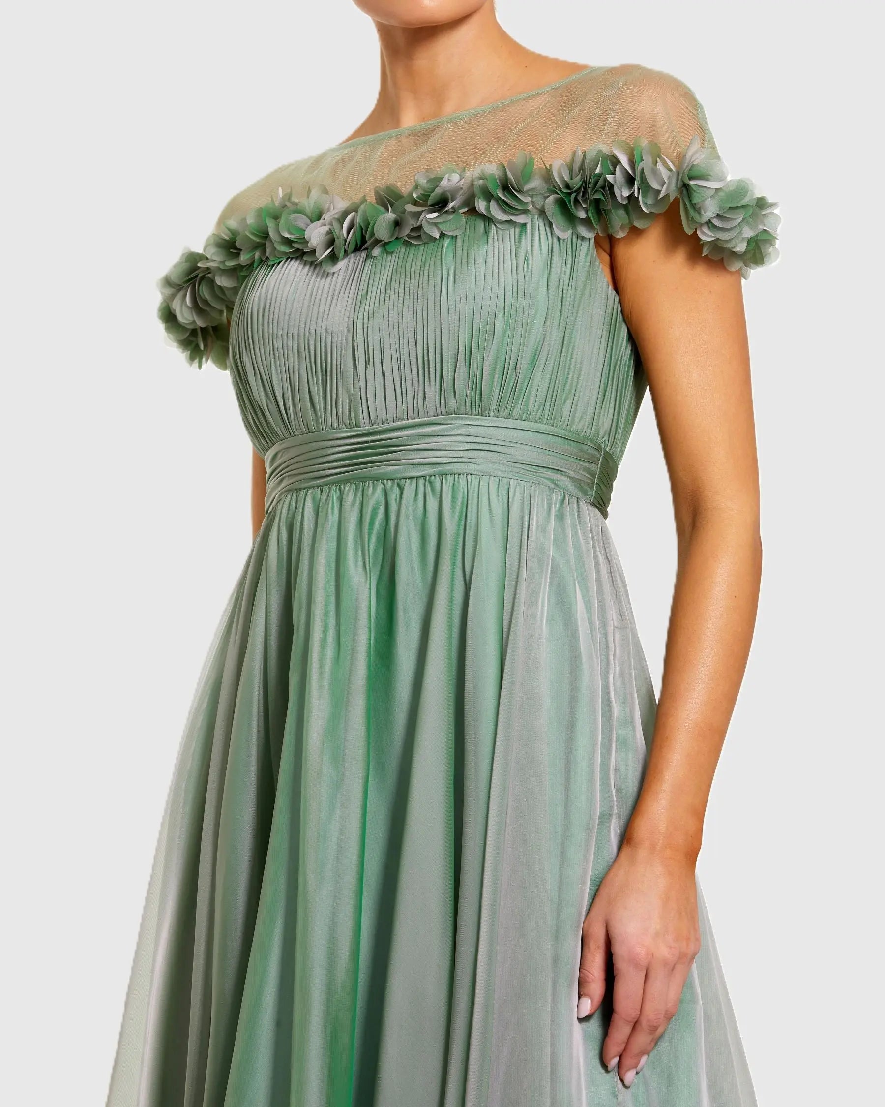 Green Chiffon Illusion Neck Midi Dress With 3D Flowers-Myartka