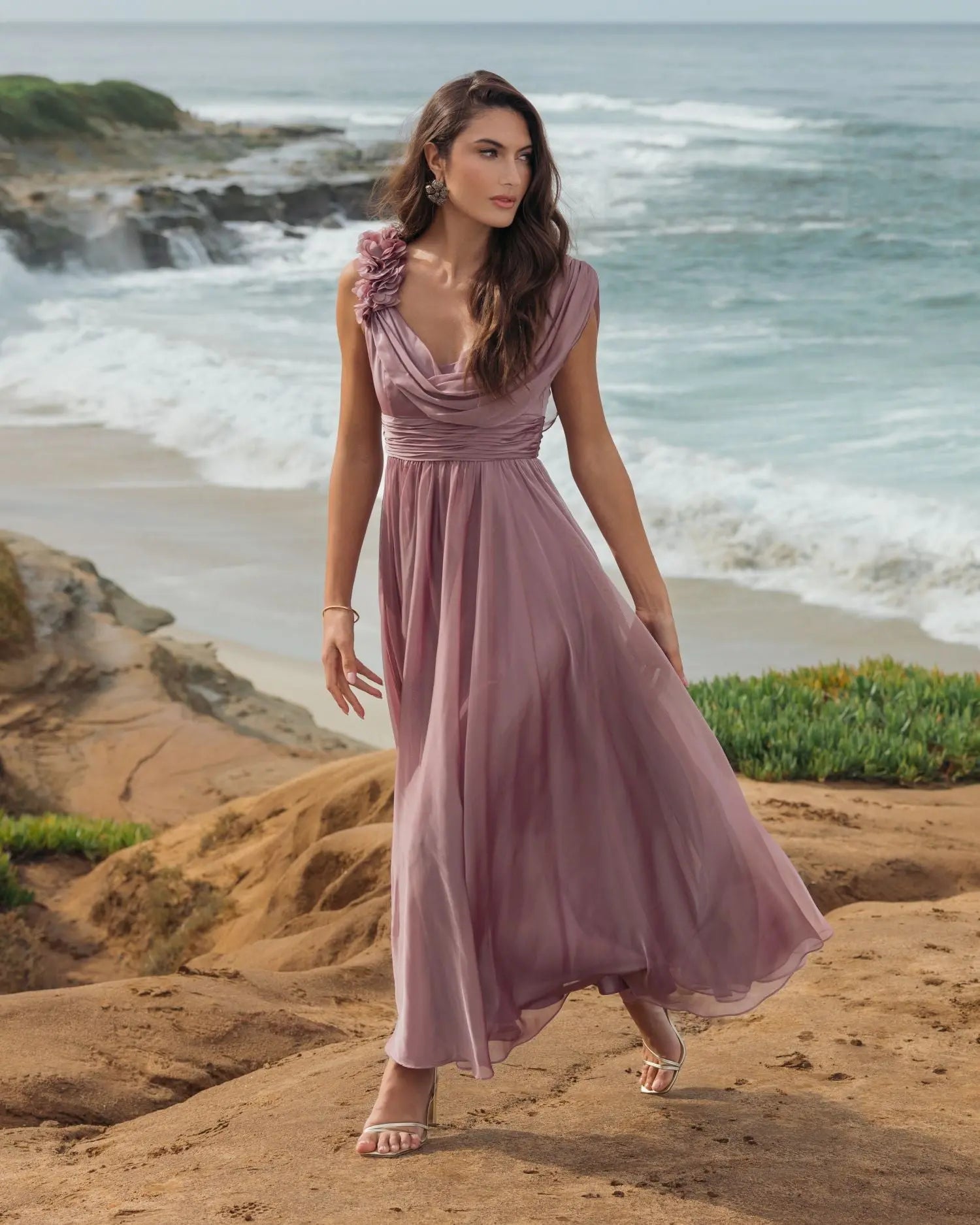 Pink Chiffon Cowl Neck Dress With 3D Flowers-Myartka