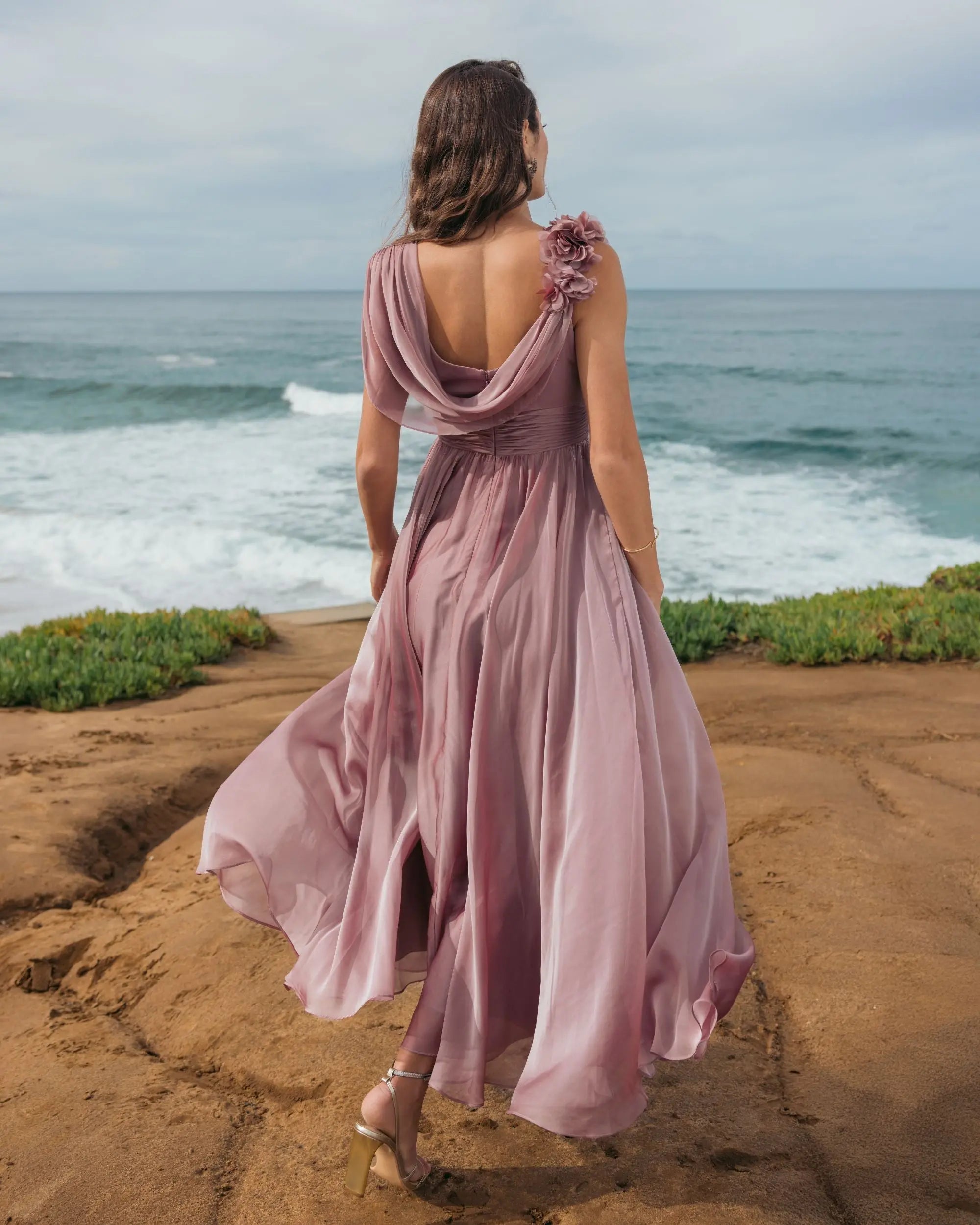 Pink Chiffon Cowl Neck Dress With 3D Flowers-Myartka