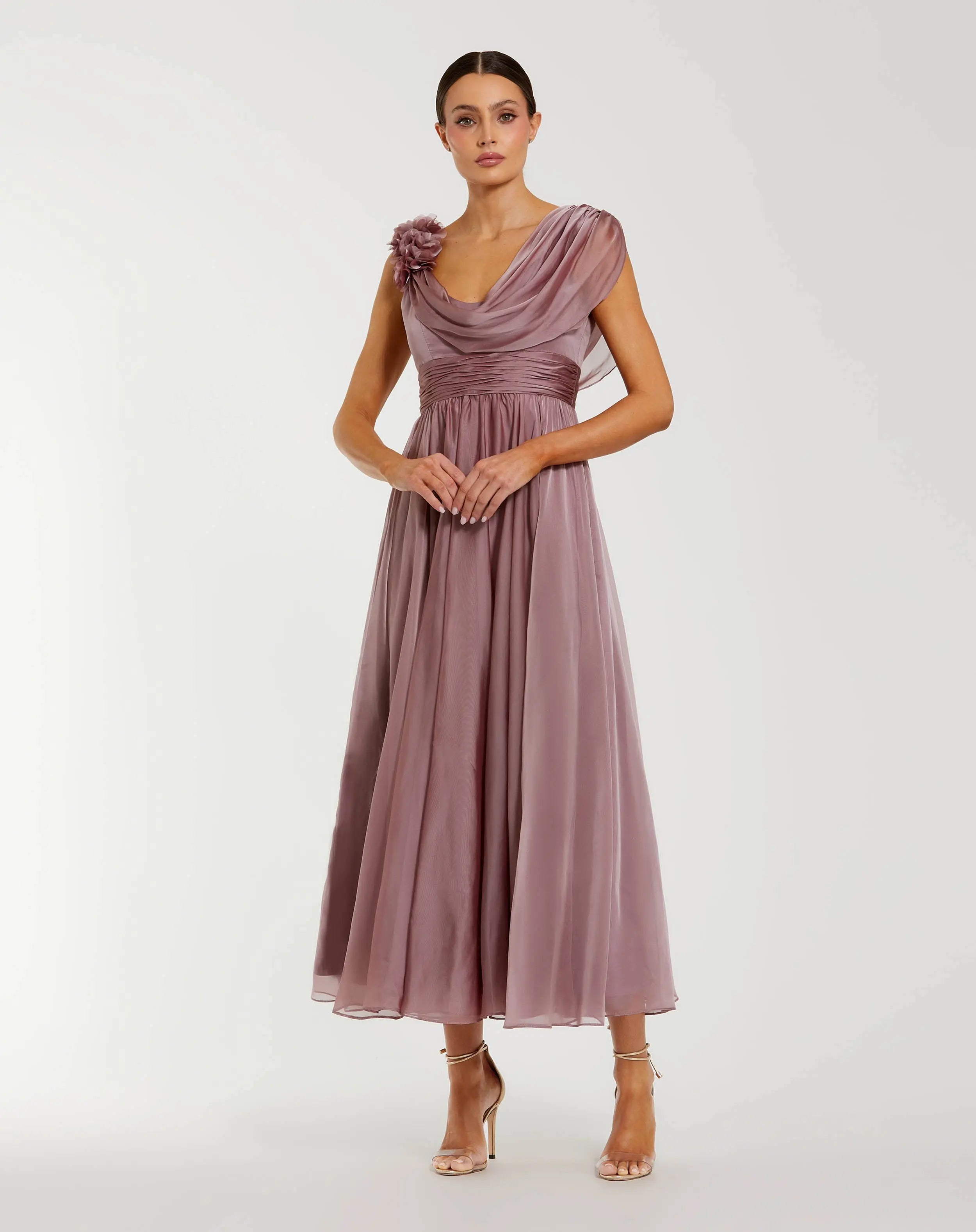 Pink Chiffon Cowl Neck Dress With 3D Flowers-Myartka